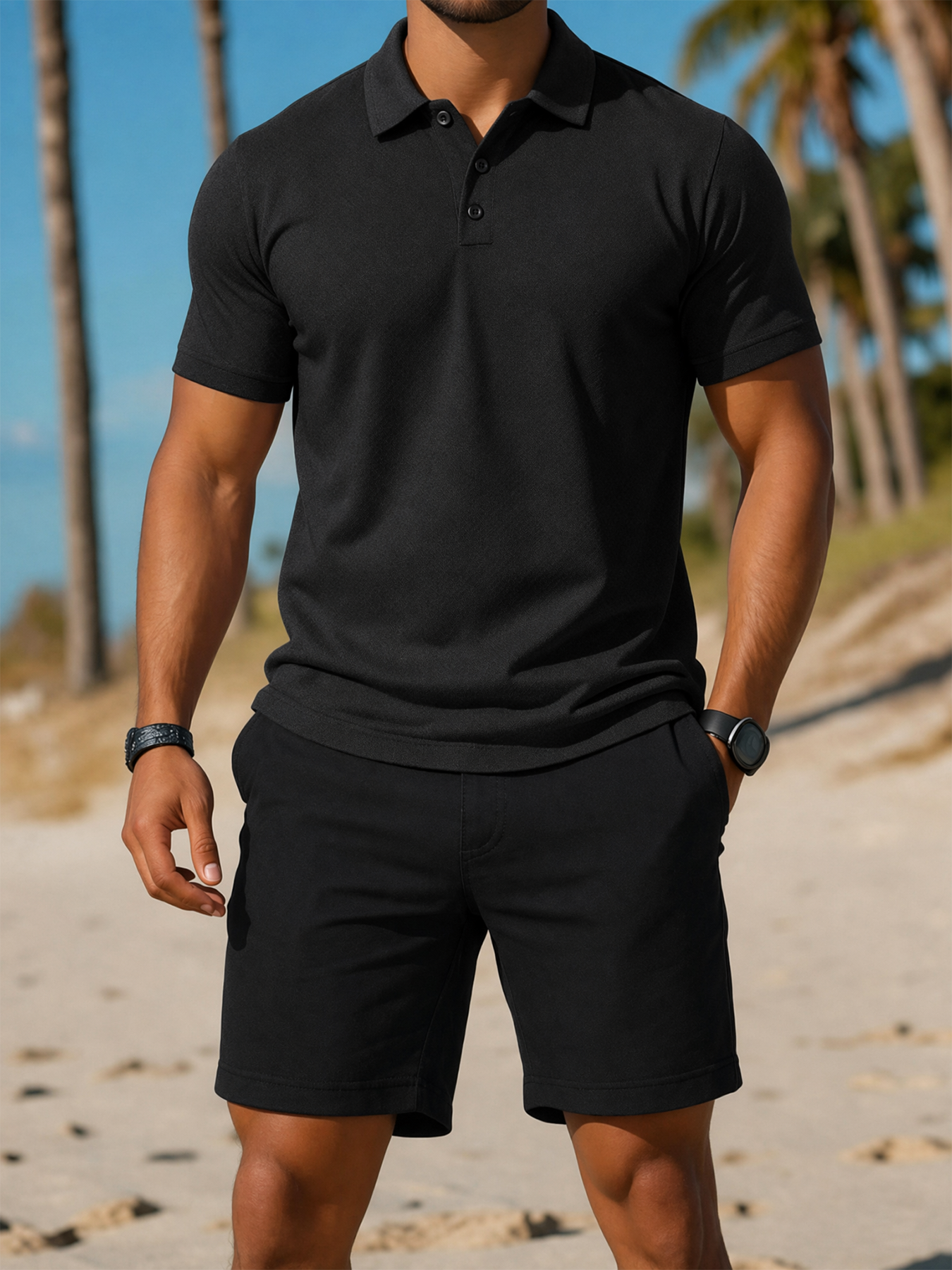 Shorts Chino Slim - ชุดเซ็ตผู้ชายสำหรับวันหยุดฤดูร้อน เสื้อโปโลแขนสั้นติดกระดุมสีพื้น กางเกงขาสั้นทรงสลิมฟิตลำลอง เหมาะสำหรับชายหาดและรีสอร์ท