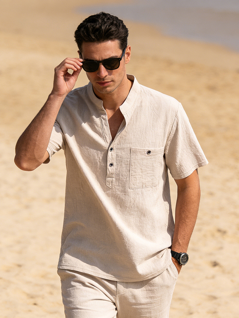 Linen Shirt Breathable - เสื้อเชิ้ตเฮนลีย์ผ้าฝ้ายลินินสำหรับผู้ชาย แขนสั้น คอตั้ง ติดกระดุม ระบายอากาศได้ดี สวมใส่สบาย