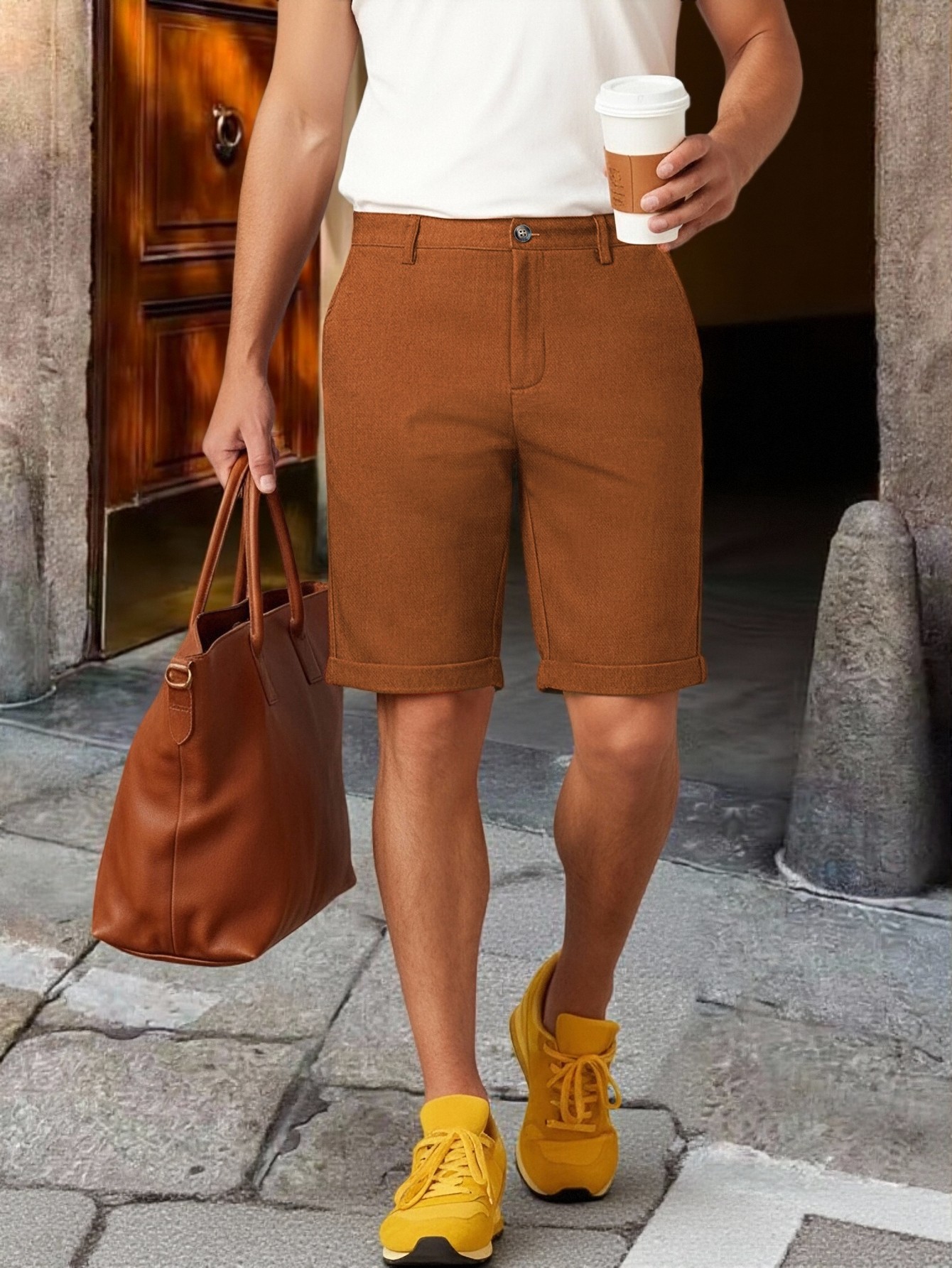 Shorts Chino Slim - กางเกงขาสั้นชิโน่ชาย ขอบขาจั๊มพ์ ความยาวระดับเข่า ผ้าโพลีเอสเตอร์ 95% อีลาสเทน