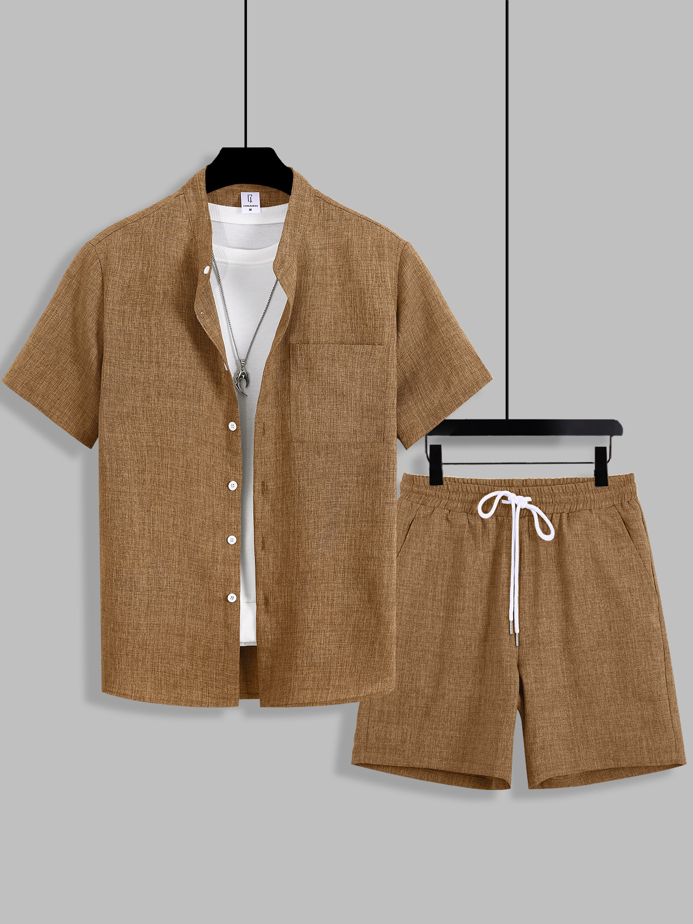 Linen Shirt Breathable - ชุดลำลองฤดูร้อนสำหรับผู้ชาย เสื้อเชิ้ตแขนสั้นคอตั้งผ้าฝ้ายลินินเนื้อสัมผัสพิเศษ พร้อมกางเกงขาสั้น ชุดสองชิ้นทรงหลวม ระบายอากาศได้ดี