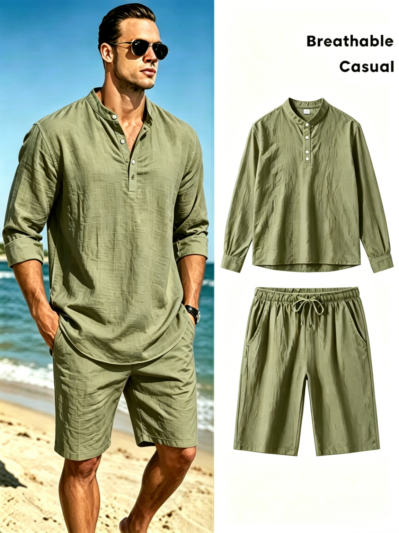 Linen Shirt Breathable - ชุดเสื้อเชิ้ตแขนสั้นคอเฮนลีย์ผ้าฝ้ายลินินสำหรับผู้ชายและกางเกงขาสั้น ชุดลำลองสองชิ้นระบายอากาศได้ดี พร้อมกางเกงขาสั้นแบบมีเชือกผูก เหมาะสำหรับฤดูร้อนและชายหาด