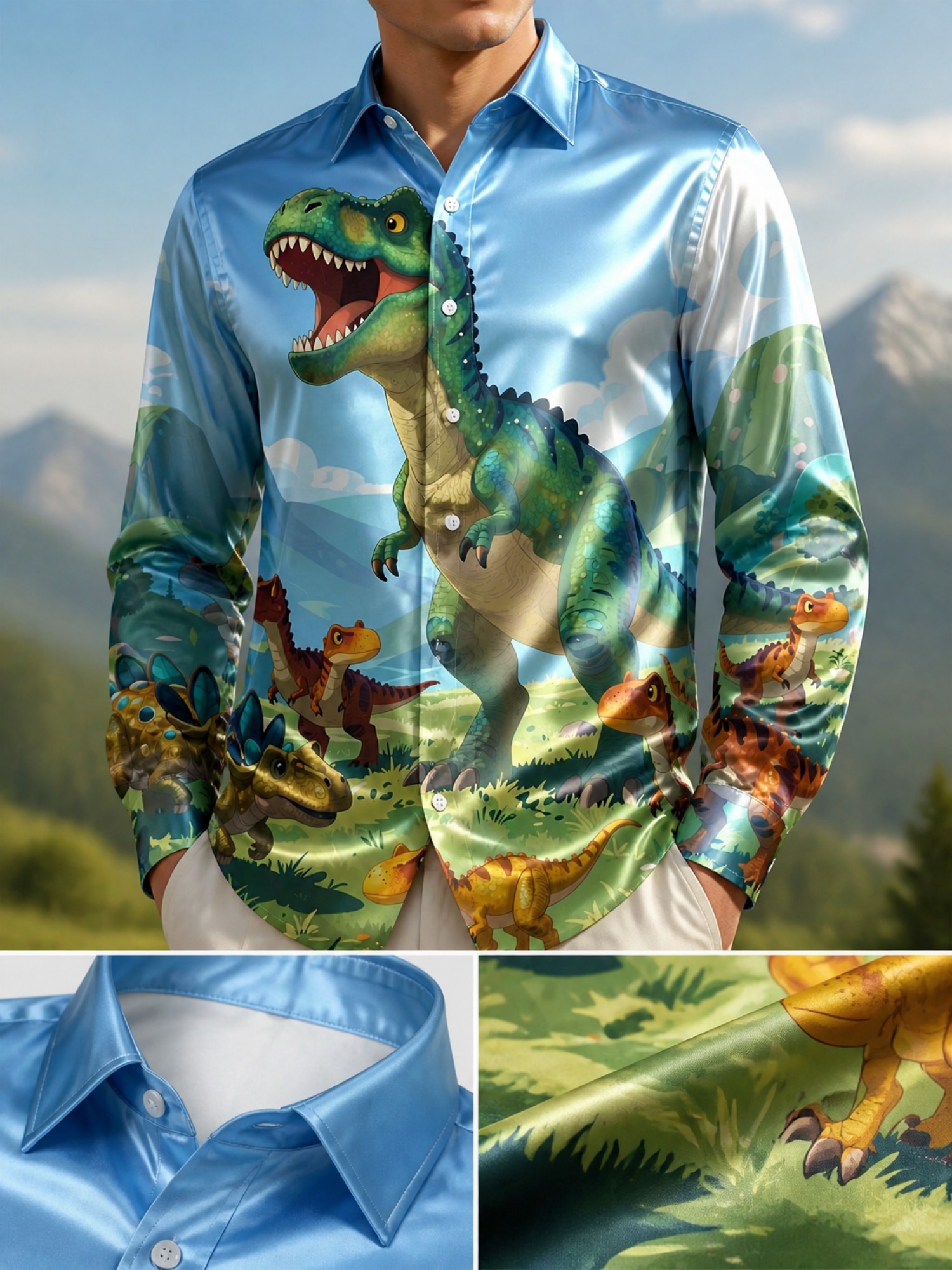 Resort Shirt Floral - เสื้อเชิ้ตผู้ชายแฟชั่น ผ้าซาติน แขนยาว ติดกระดุม คอปก เรียบหรู
