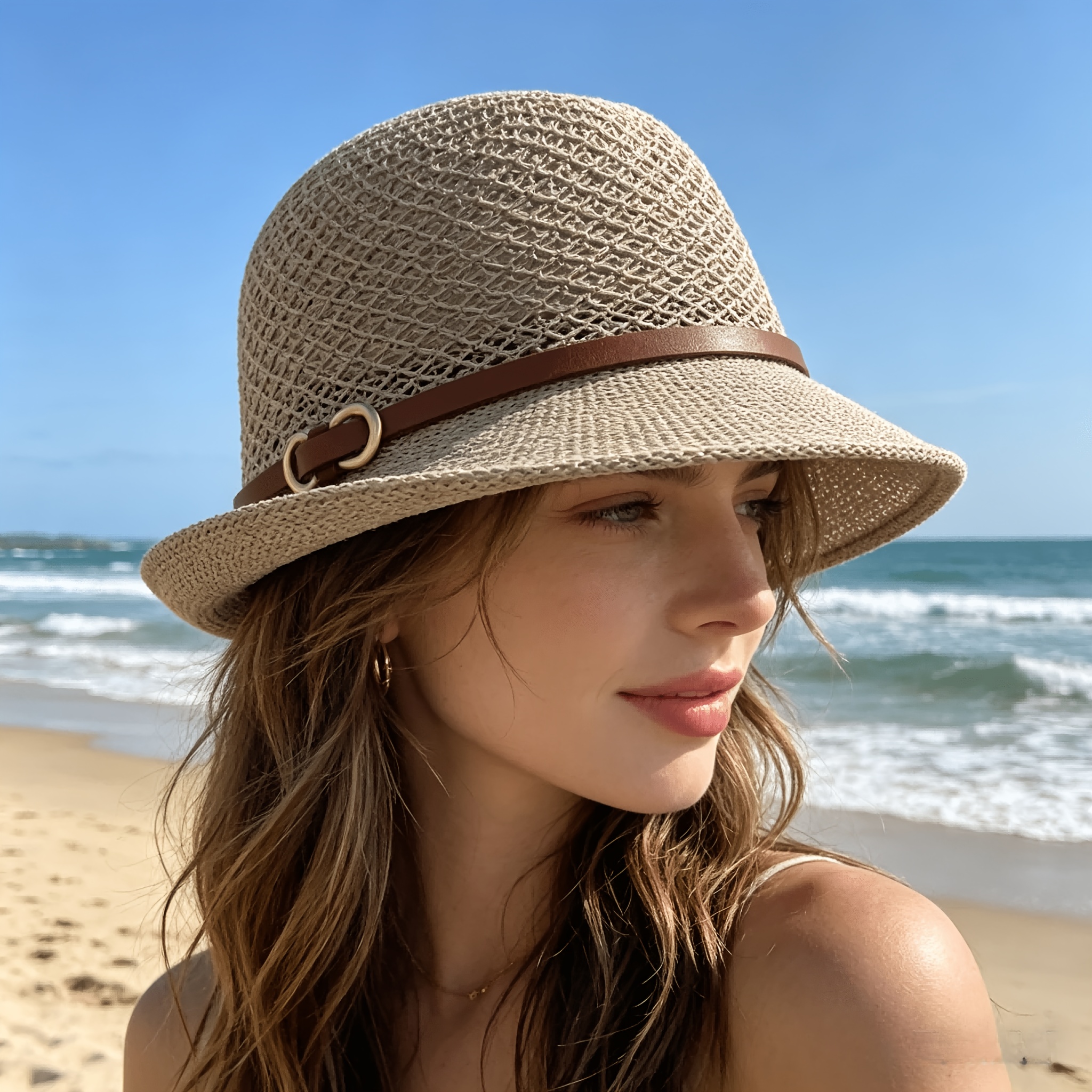 Bucket Hat Straw - หมวกสานชายหาดสำหรับผู้หญิง ดีไซน์หรูหรา ประดับด้วยเข็มขัด - หมวกกันแดดแบบโปร่ง ระบายอากาศได้ดี
