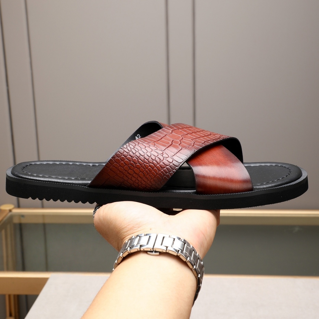 Flip Flop Leather Men - รองเท้าผู้ชายแบรนด์หรู ทำมือ แฟชั่นรองเท้าแตะ ของขวัญวันหยุด รองเท้าใส่ในบ้าน หนังแท้