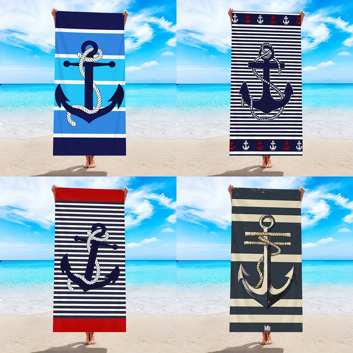 Beach Towel Large - ลายองค์ประกอบทะเล 1 ชิ้น, สมอเรือพิมพ์ผ้าเช็ดตัวชายหาดขนาดใหญ่, กีฬาว่ายน้ํา, ผ้าขนหนูชายหาดมัลติฟังก์ชั่นโยคะ