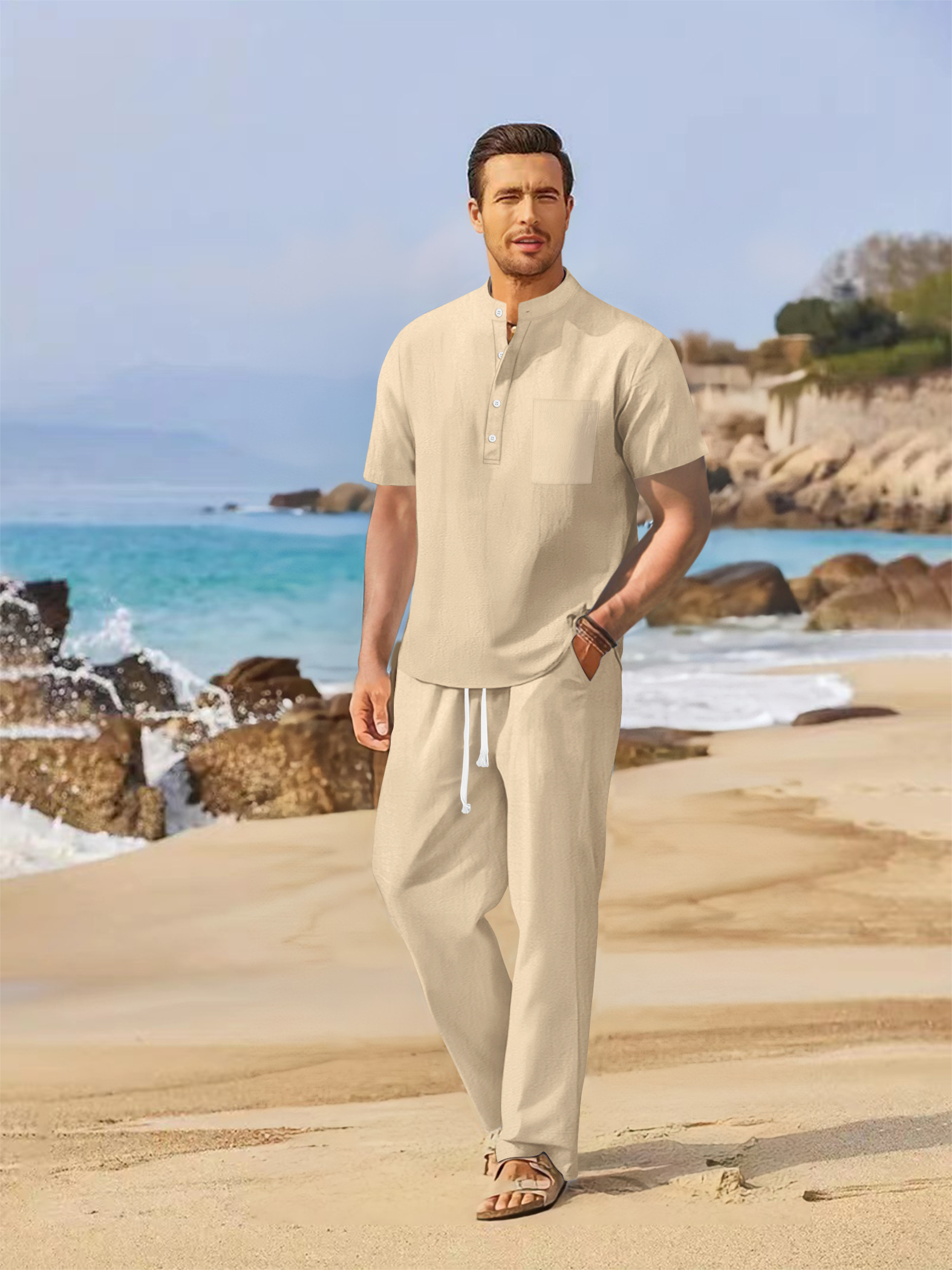 Short Linen Drawstring - ฤดูร้อนผู้ชายผ้าฝ้ายและผ้าลินินชุดลําลอง Henley เสื้อแขนสั้น + กางเกงขาตรงหลวมสีทึบชุดสองชิ้น