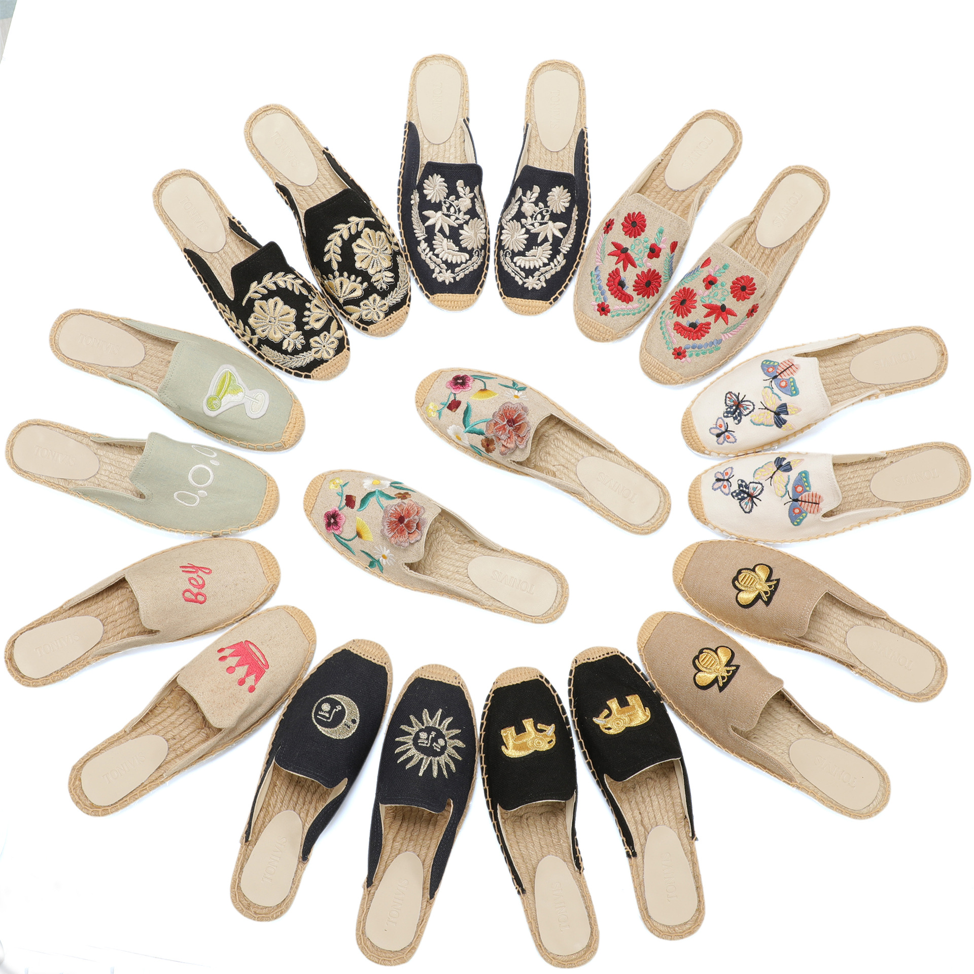Espadrille Slip On - รองเท้าสลิปเปอร์ผ้าลินินปักลายดอกไม้สำหรับผู้หญิง รองเท้าสไลด์ลำลองสำหรับฤดูร้อน รองเท้าแบนระบายอากาศได้ดี สวมใส่สบาย