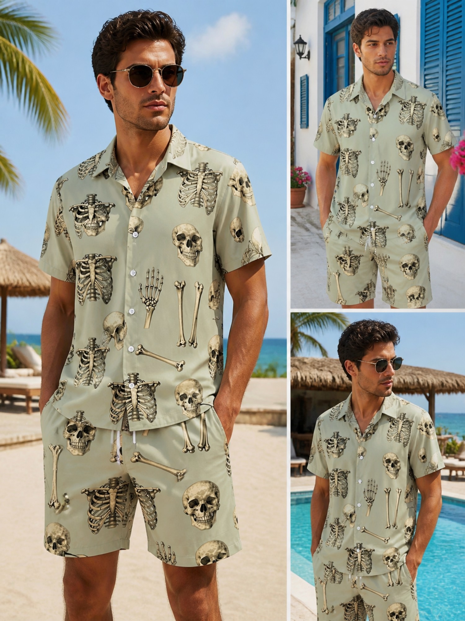 Resort Shirt Floral - ชุดเสื้อเชิ้ตแขนสั้นลายดอกไม้สำหรับผู้ชายและกางเกงขาสั้นแบบมีเชือกผูก เหมาะสำหรับวันพักผ่อนริมชายหาด ชุดลำลองสองชิ้นสำหรับฤดูร้อน ชุดลำลองสำหรับใส่เที่ยวพักผ่อน