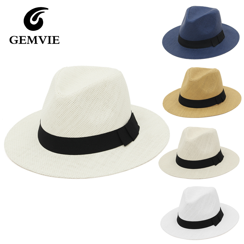 Bucket Hat Straw - หมวกปานามาสานสำหรับฤดูร้อนสำหรับผู้หญิงผู้ชาย ปีกกว้าง ป้องกันรังสียูวีกลางแจ้ง หมวกเฟโดราชายหาดพร้อมสายคาดสีดำ