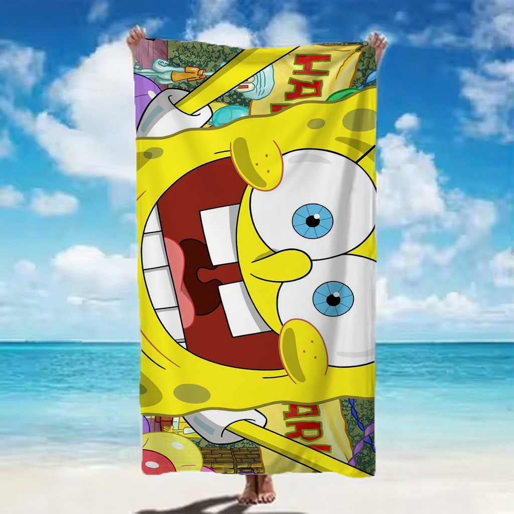 Beach Towel Large - ผ้าเช็ดตัวชายหาดลายหน้าสปอนจ์บ็อบ สแควร์แพนท์ ผ้าไมโครไฟเบอร์เนื้อนุ่ม แห้งเร็ว สำหรับฤดูร้อน สระว่ายน้ำ