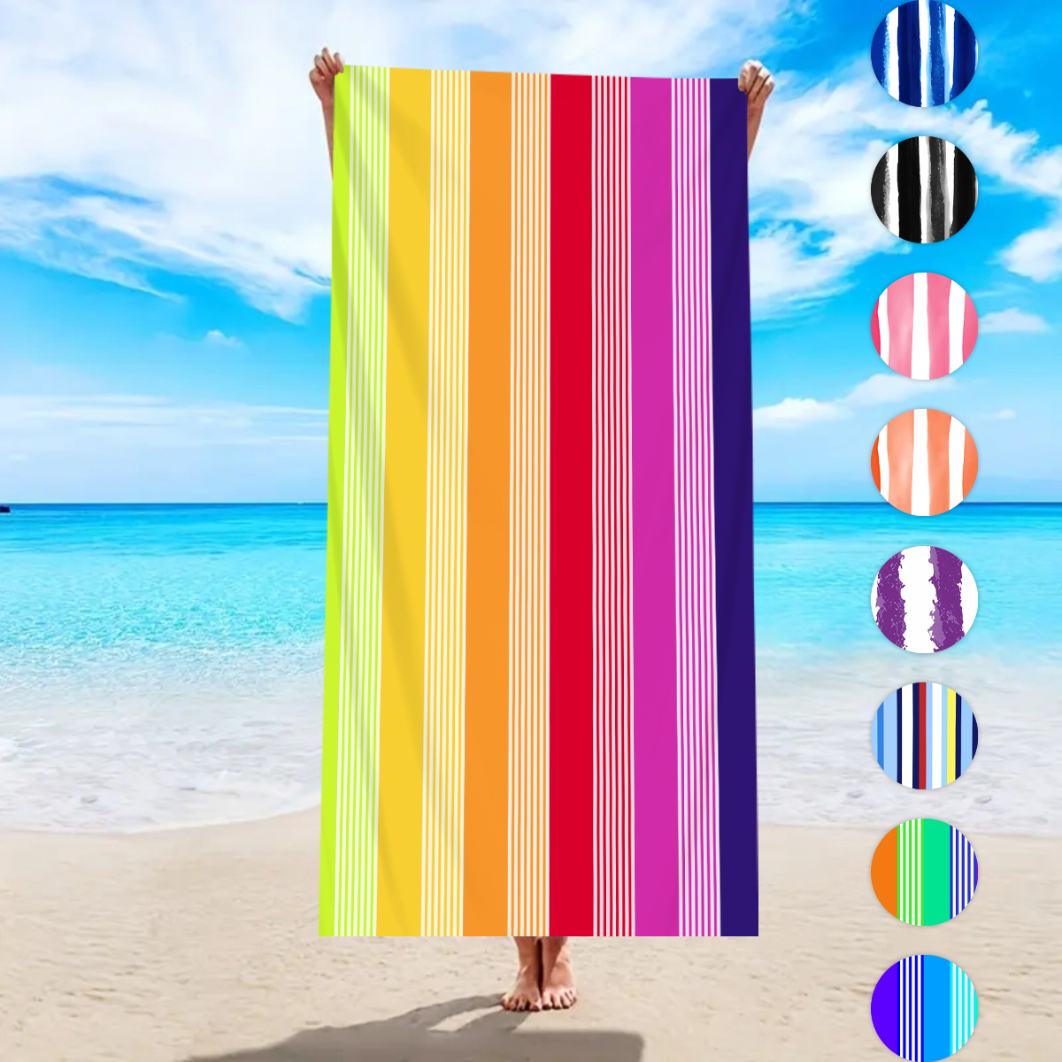 Beach Towel Large - ผ้าขนหนูชายหาดลายทางสีสันสดใสทันสมัย 1 ชิ้น ผ้าขนหนูชายหาดว่ายน้ําดูดซับแห้งเร็ว มีให้เลือกหลายสี