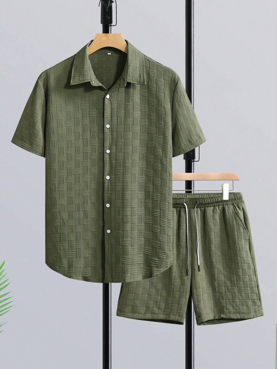Short Linen Drawstring - ชุดเสื้อเชิ้ตแขนสั้นสำหรับผู้ชาย Manfinity RSRT สำหรับวันพักผ่อน, เสื้อเชิ้ตลายทางและกางเกงขาสั้นเอวเชือกผูกสำหรับผู้ชาย (ไม่รวมเสื้อยืด),