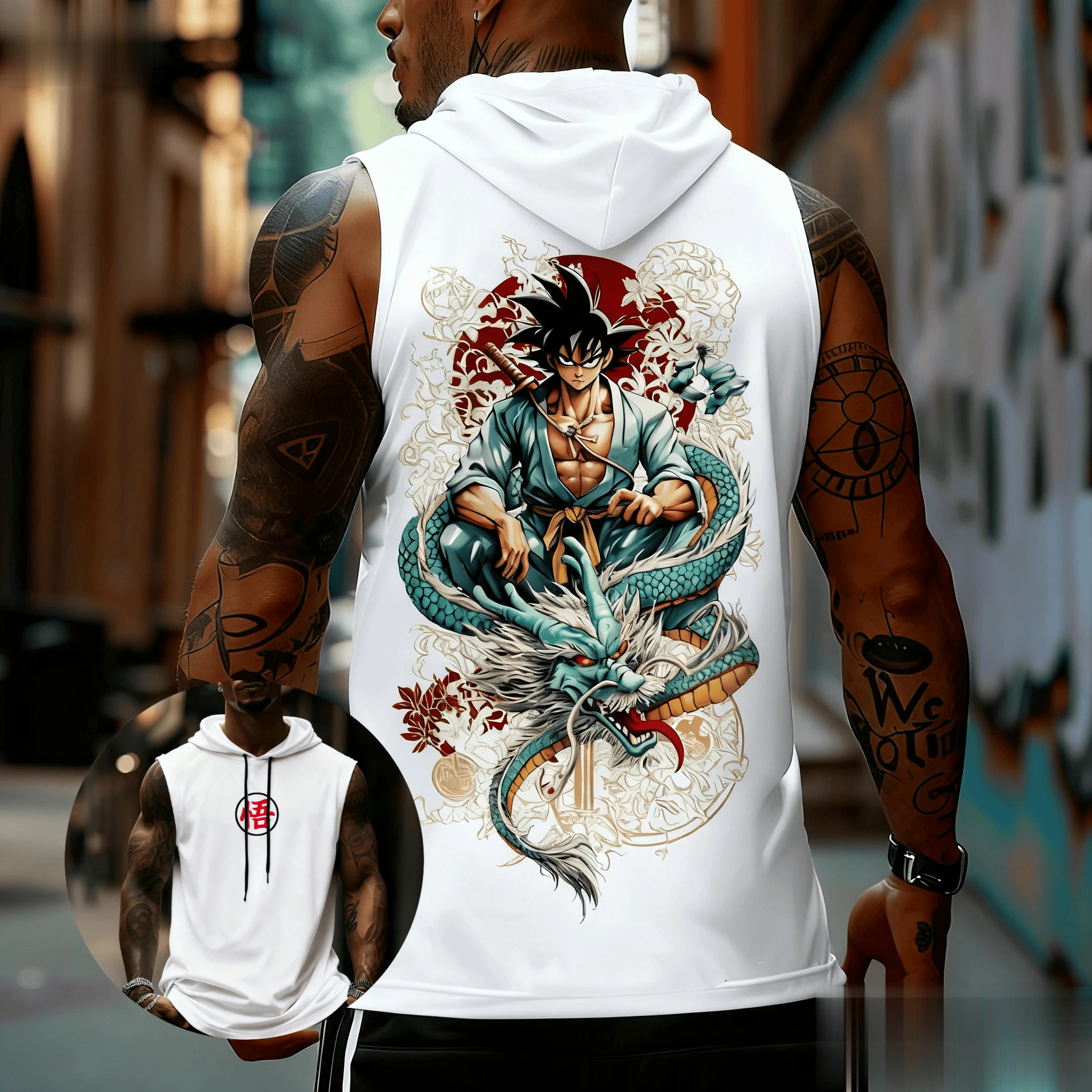 Tank Top Muscle - เสื้อกล้ามมีฮู้ดลายดราก้อนบอล โกคู สำหรับผู้ชาย เสื้อแขนกุดลำลอง สไตล์สตรีทแวร์ เสื้อยืดพิมพ์ลายกล้ามเนื้อ