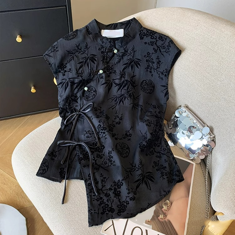 Shirt Camp Collar - Retro บางเสื้อใหม่สไตล์จีน Cheongsam สีดํา Jacquard แขนสั้นเสื้อยืดฤดูร้อน