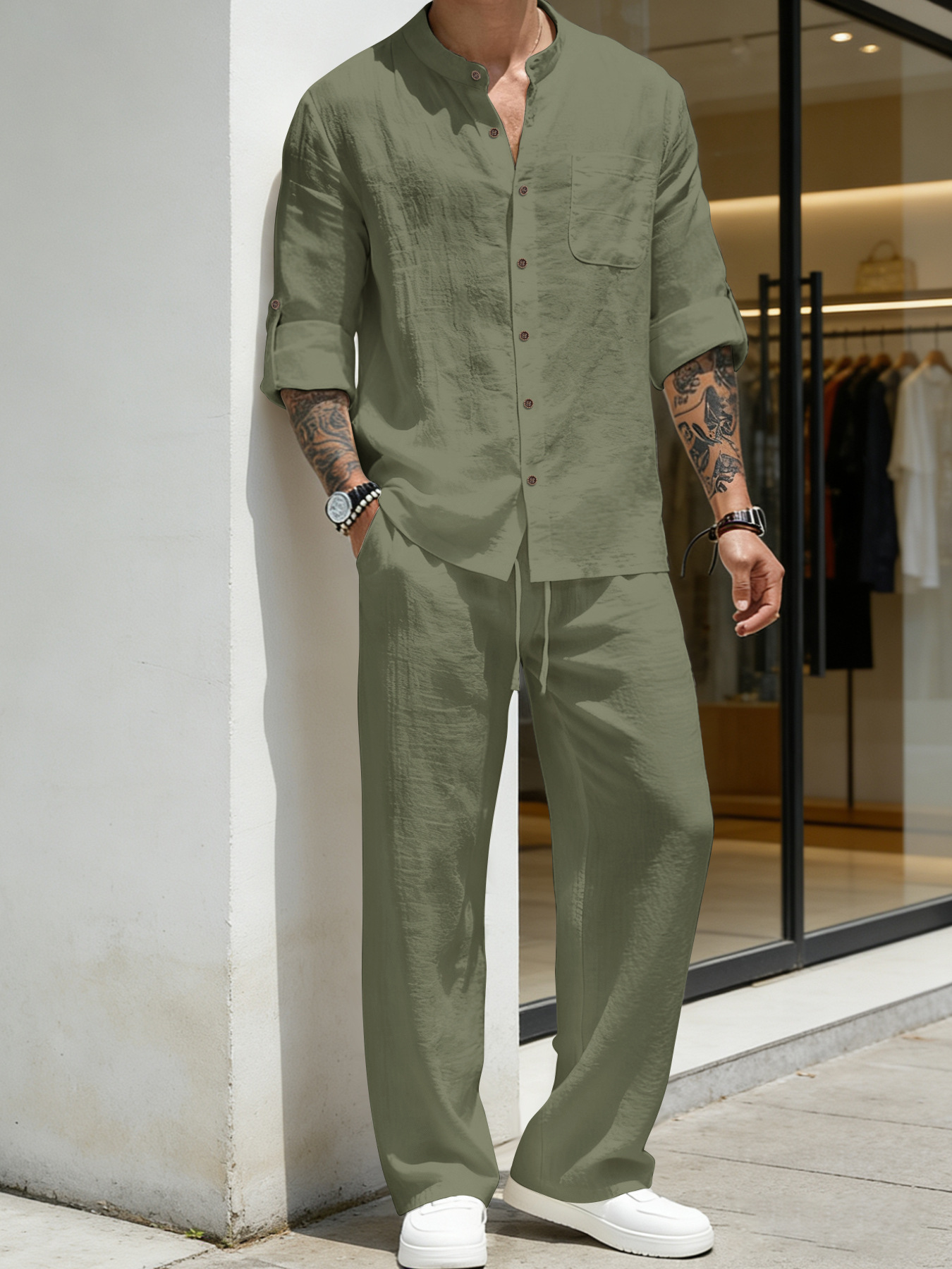 Linen Shirt Breathable - ชุดสูทผ้าลินินหลวมๆ เสื้อแขนยาวและกางเกงขายาว ชุดชายหาดสำหรับผู้ชาย สวมใส่สบาย ระบายอากาศได้ดี สี่ฤดู