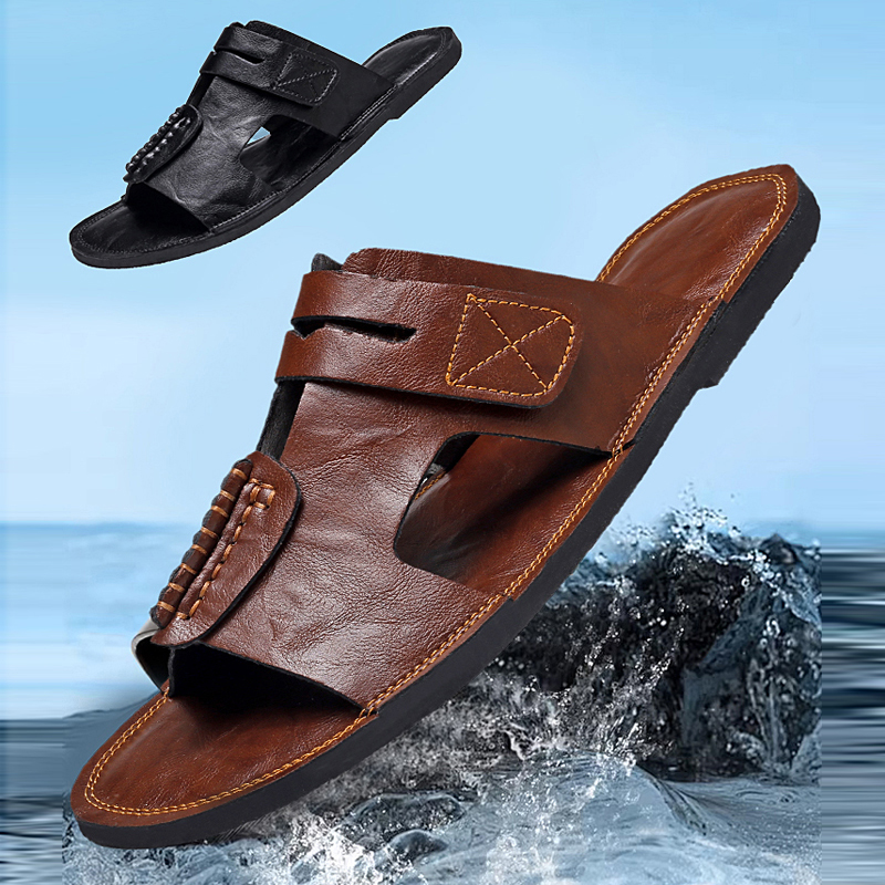 Flip Flop Leather Men - รองเท้าแตะหนังพรีเมียมขนาดใหญ่สำหรับผู้ชาย รุ่นใหม่สำหรับฤดูร้อน กันลื่น เหมาะสำหรับใส่ไปชายหาด รองเท้าลำลองแบบสวม สบาย