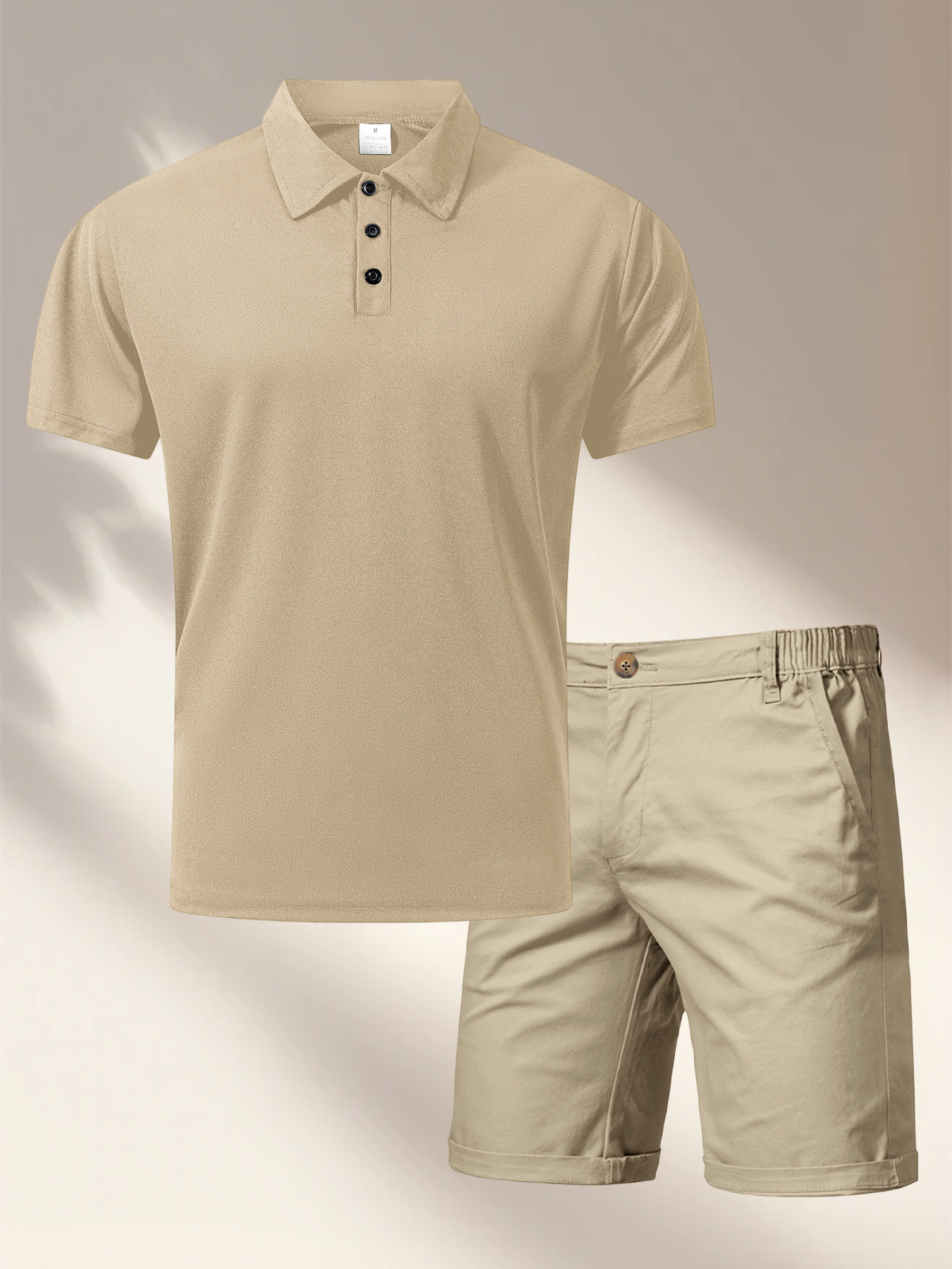 Shorts Chino Slim - ชุดเซ็ตผู้ชายสำหรับวันหยุดฤดูร้อน เสื้อโปโลแขนสั้นติดกระดุมสีพื้น ทรงเข้ารูป กางเกงขาสั้นชิโน่ลำลอง ชุดชายหาดสำหรับวันพักผ่อน