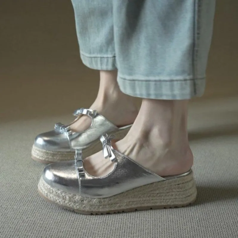 Espadrille Slip On - รองเท้าส้นเตารีดแบบเมอร์เรย์เจนสำหรับผู้หญิง ดีไซน์หรูหราประดับโบว์คู่ รองเท้าส้นสูงแบบปิดหัวเท้า สไตล์เอสพาดริลสุดชิค รองเท้าแฟชั่นสำหรับฤดูร้อน