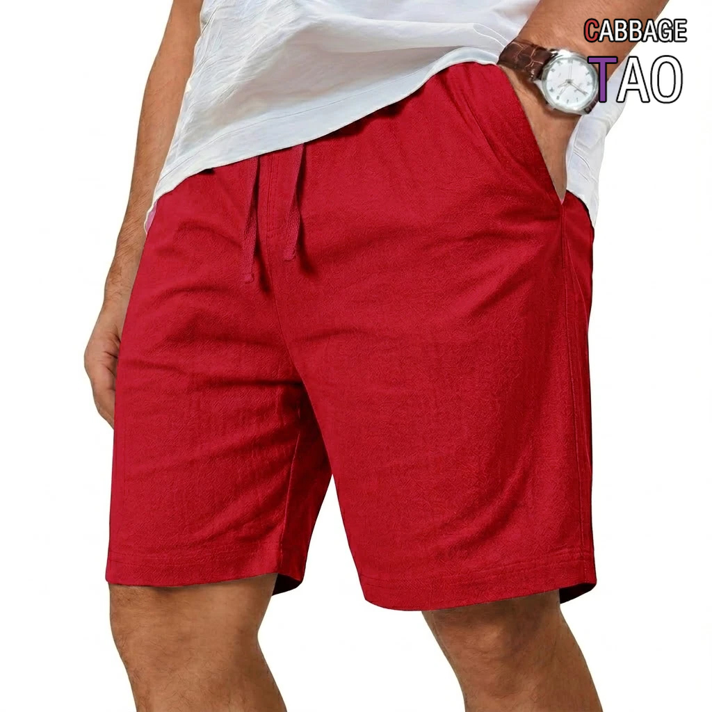 Short Linen Drawstring - กางเกงขาสั้นผ้าฝ้ายลินินขนาดใหญ่ ทรงหลวม น้ำหนักเบา สไตล์ลำลอง เหมาะสำหรับใส่ไปยิม ชายหาด