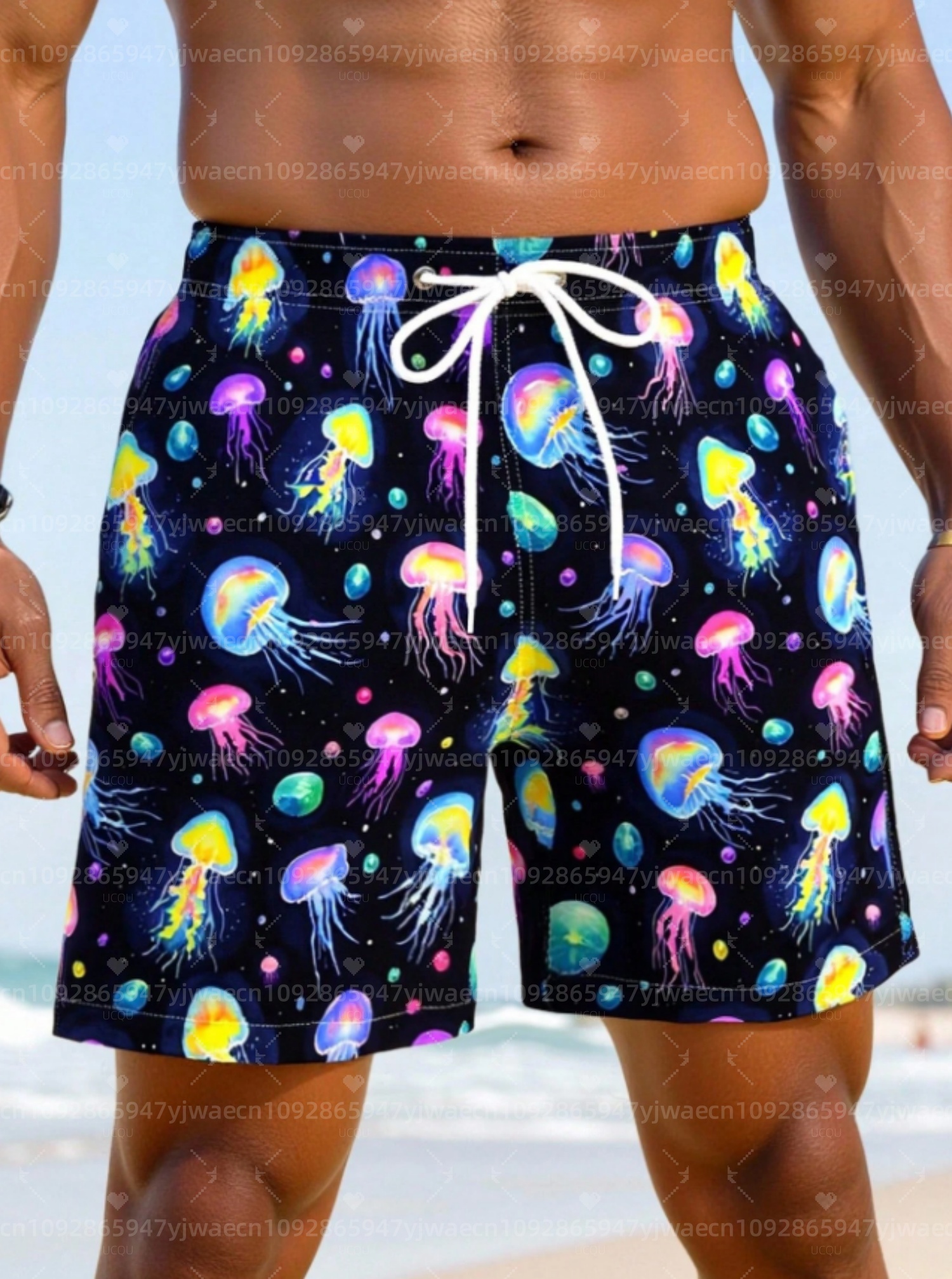 Trunks Board Surf - กางเกงขาสั้นชายหาดลายแมงกะพรุนฮาวายสำหรับฤดูร้อน พร้อมเชือกผูกเอวยางยืด แห้งเร็ว เหมาะสำหรับวันหยุดพักผ่อน