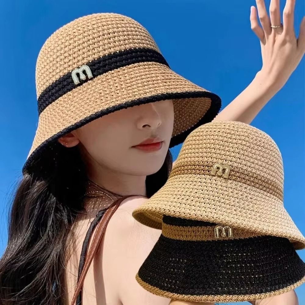 Bucket Hat Straw - แฟชั่น Elegant Bow หมวกชาวประมง UV ป้องกันผู้หญิงพับได้