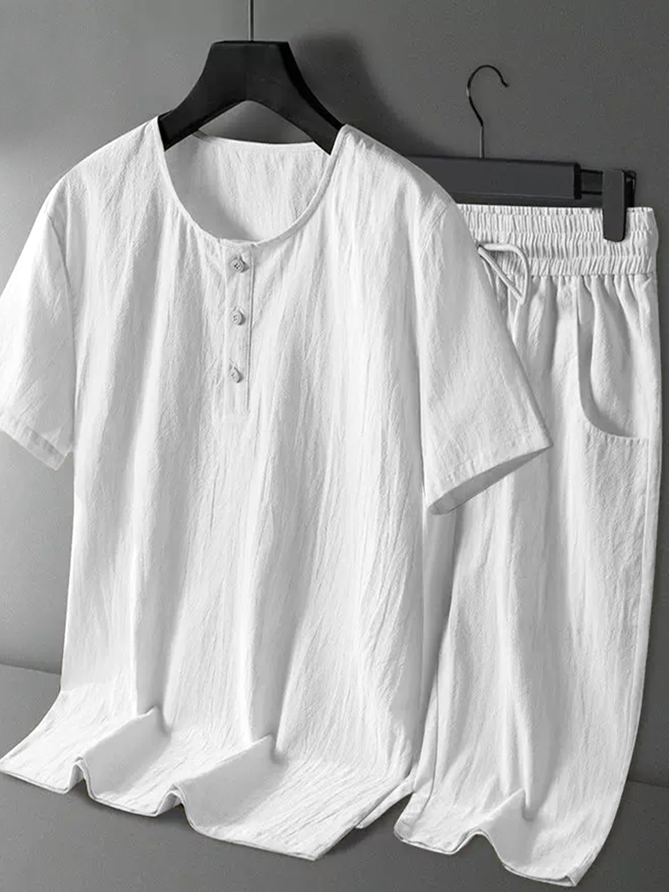 Linen Shirt Breathable - ชุดเซ็ต 2 ชิ้น เสื้อเฮนลีย์ผ้าฝ้ายลินินสำหรับผู้ชาย กางเกงขาสั้นเอวยางยืด ระบายอากาศได้ดี