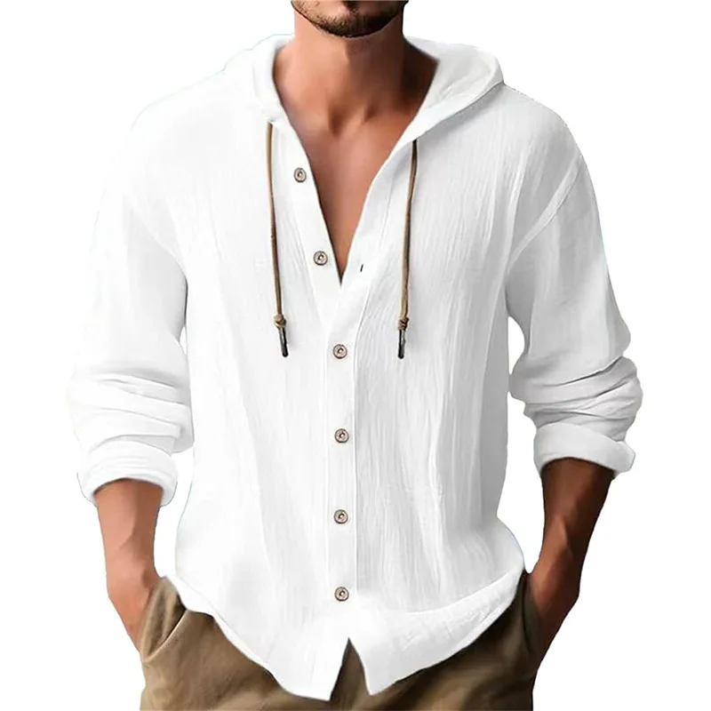 Short Linen Drawstring - เสื้อเชิ้ตแขนยาวลําลองผู้ชายสีทึบมีฮู้ดผ้าฝ้ายและผ้าลินินคาร์ดิแกนอินเทรนด์อเนกประสงค์หลวมเสื้อยืดชายหาด