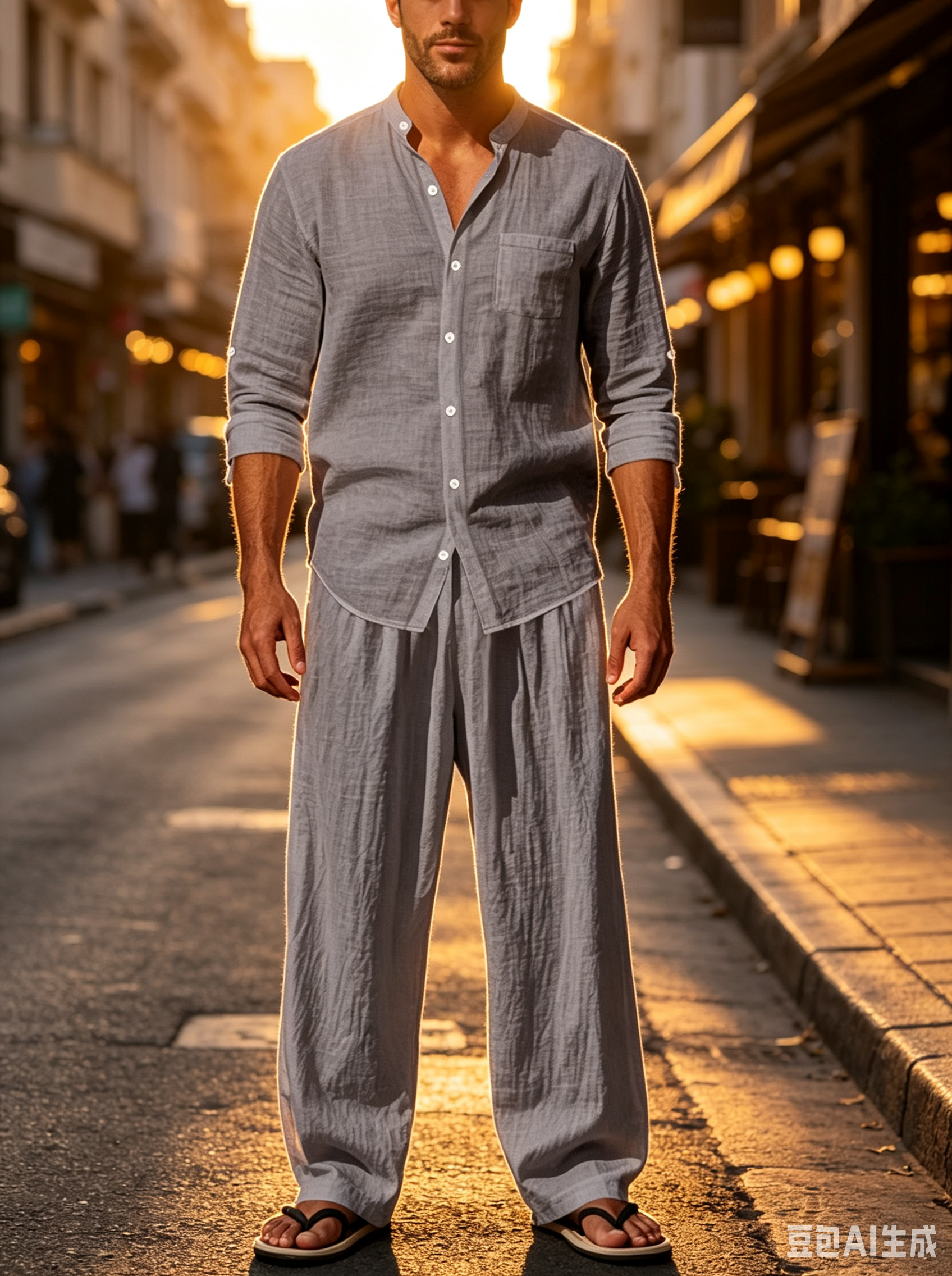 Linen Shirt Breathable - ชุดเซ็ต 2 ชิ้น เสื้อเชิ้ตคอจีนติดกระดุม ผ้าระบายอากาศดี กางเกงขายาวทรงหลวมเอวยางยืด
