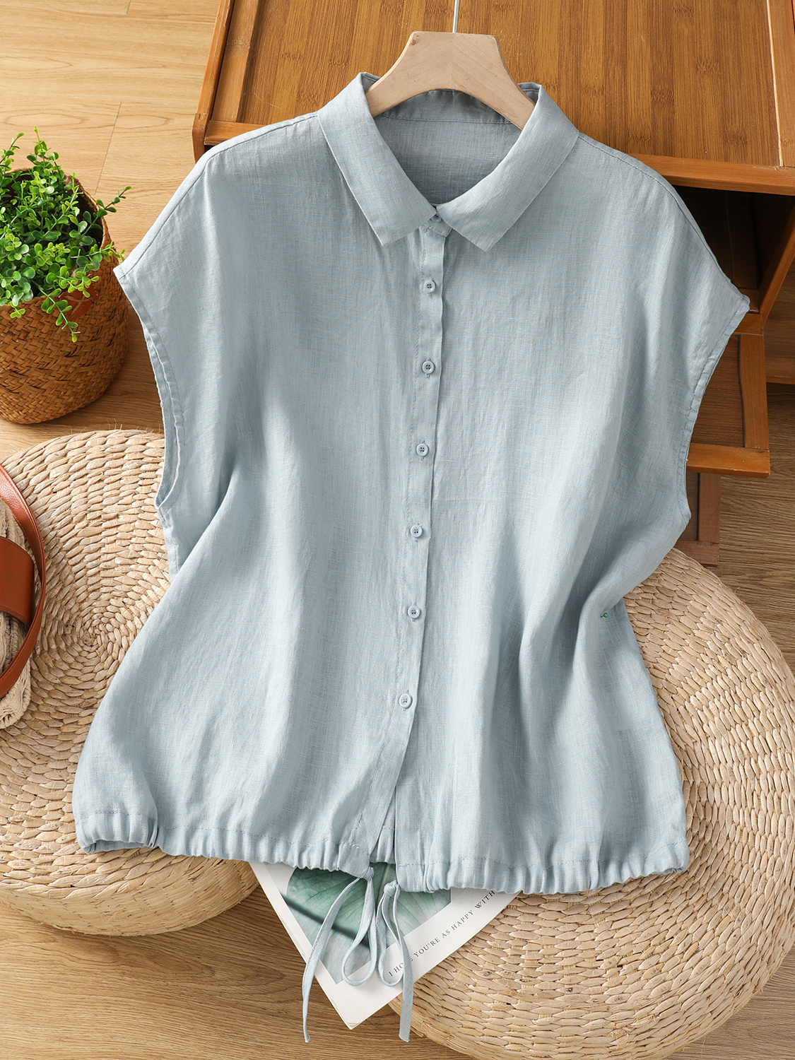 Short Linen Drawstring - เสื้อเชิ้ตแขนสั้นผ้าฝ้ายลินินลำลองสำหรับผู้หญิง ไซส์ใหญ่ ใส่สบาย แมทช์ได้กับทุกชุด ชายเสื้อมีเชือกรูด แขนเสื้อโปร่ง