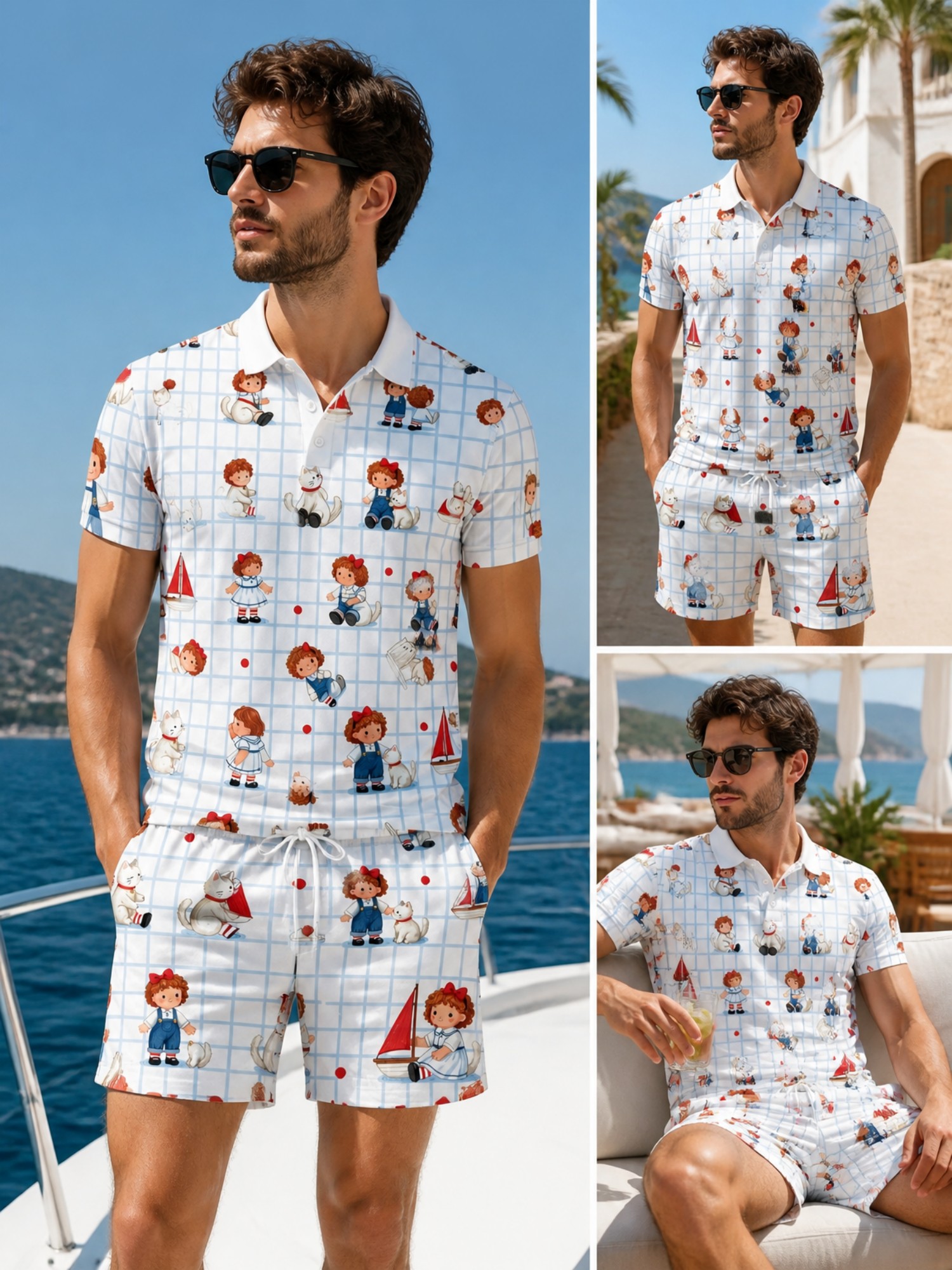 Resort Shirt Floral - ชุดเสื้อโปโลแขนสั้นและกางเกงขาสั้นสำหรับผู้ชาย ชุดลำลองสองชิ้นสำหรับฤดูร้อน ชุดไปเที่ยวทะเล ชุดเข้าชุด ชุดลำลองใส่สบายๆ สำหรับวันหยุดพักผ่อน