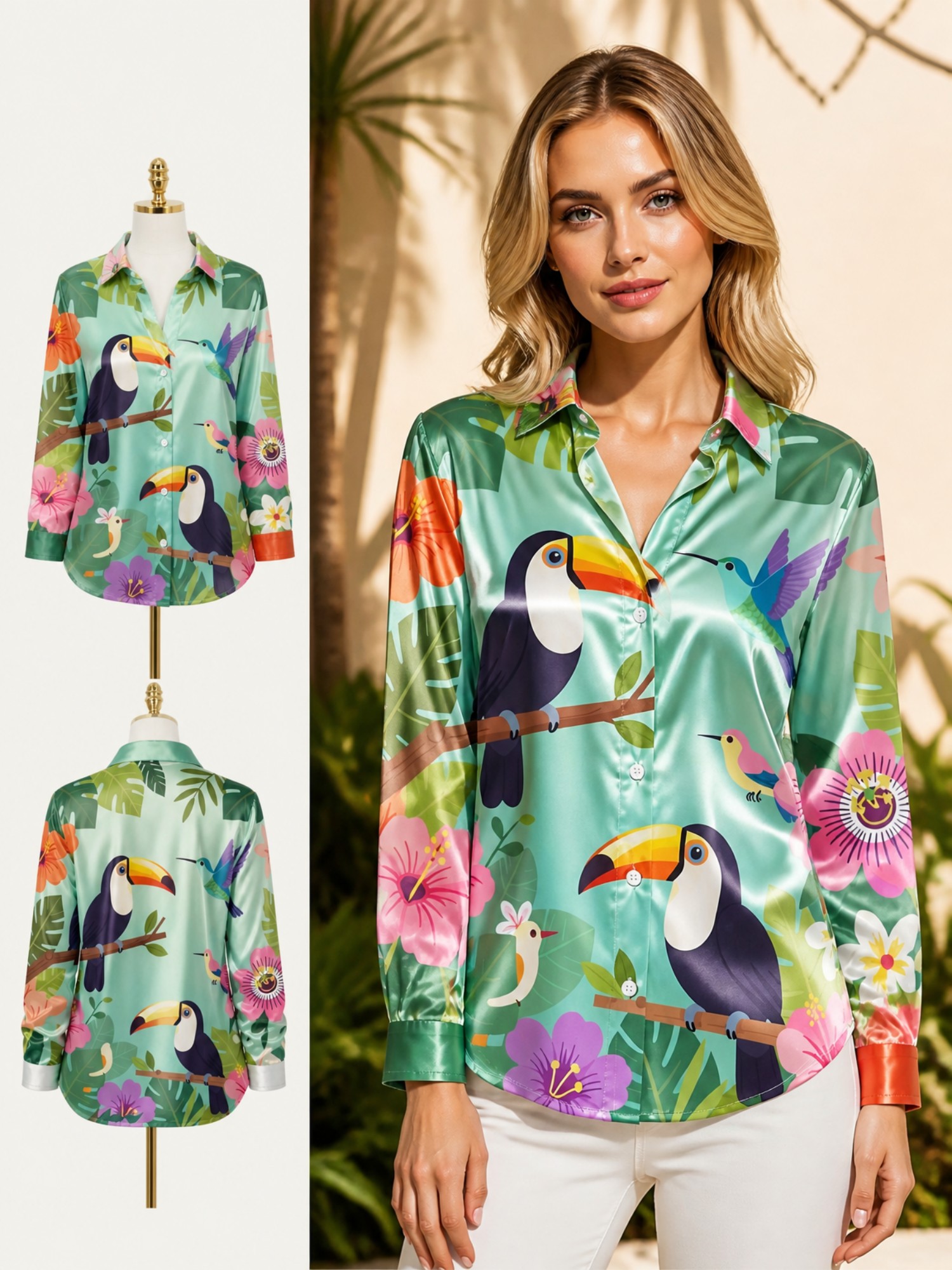 เสื้อเชิ้ตผ้าซาตินลายพิมพ์นกทู - Resort Shirt Floral บทวิจารณ์และราคา