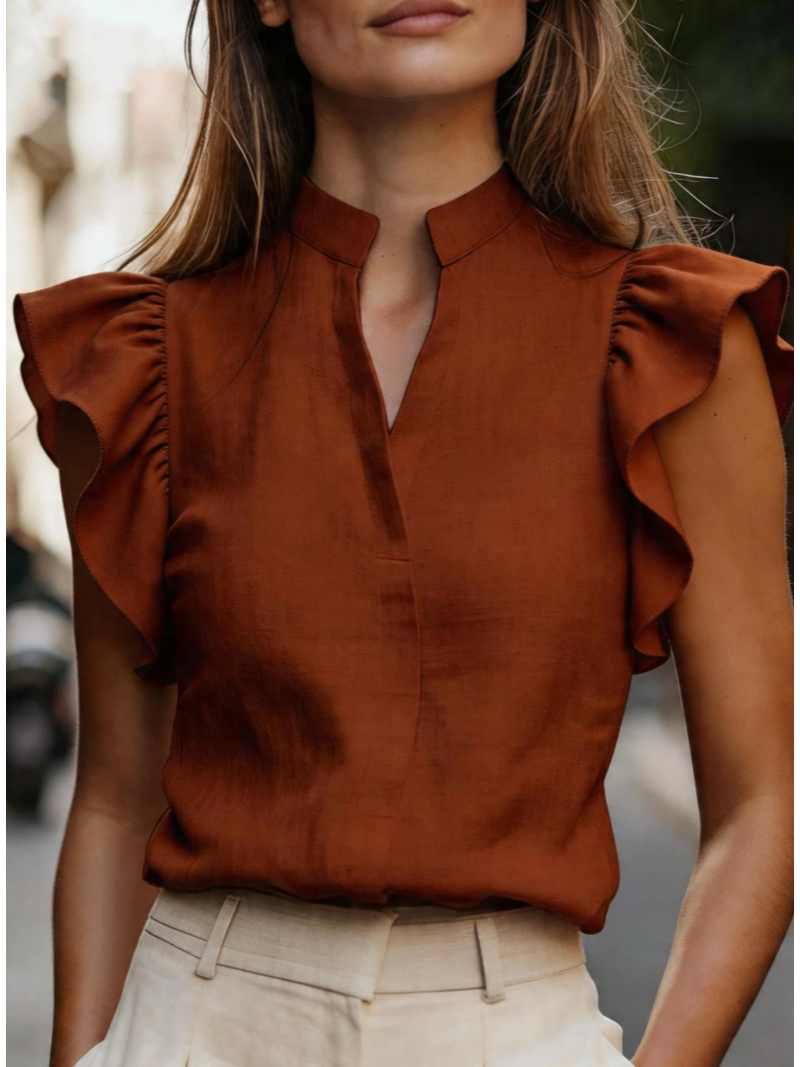 เสื้อแขนกุดคอวีแต่งระบาย คอตั้ - Shirt Camp Collar บทวิจารณ์และราคา