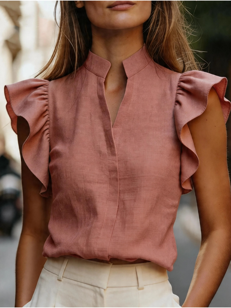 เสื้อแขนกุดคอวีแต่งระบาย คอตั้ - Shirt Camp Collar บทวิจารณ์และราคา