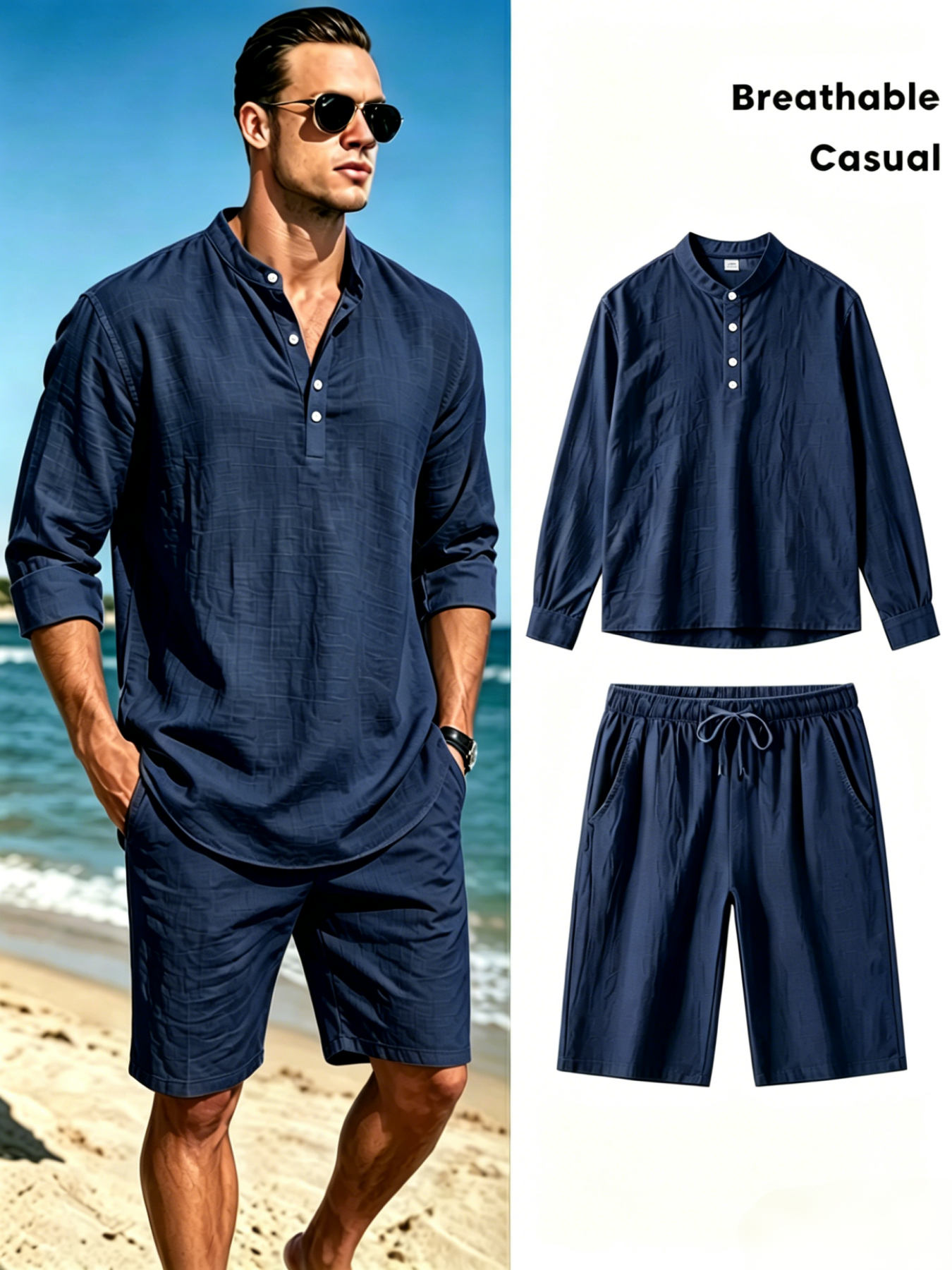 ชุดเสื้อเชิ้ตแขนสั้นคอเฮนลีย์ผ - Linen Shirt Breathable บทวิจารณ์และราคา