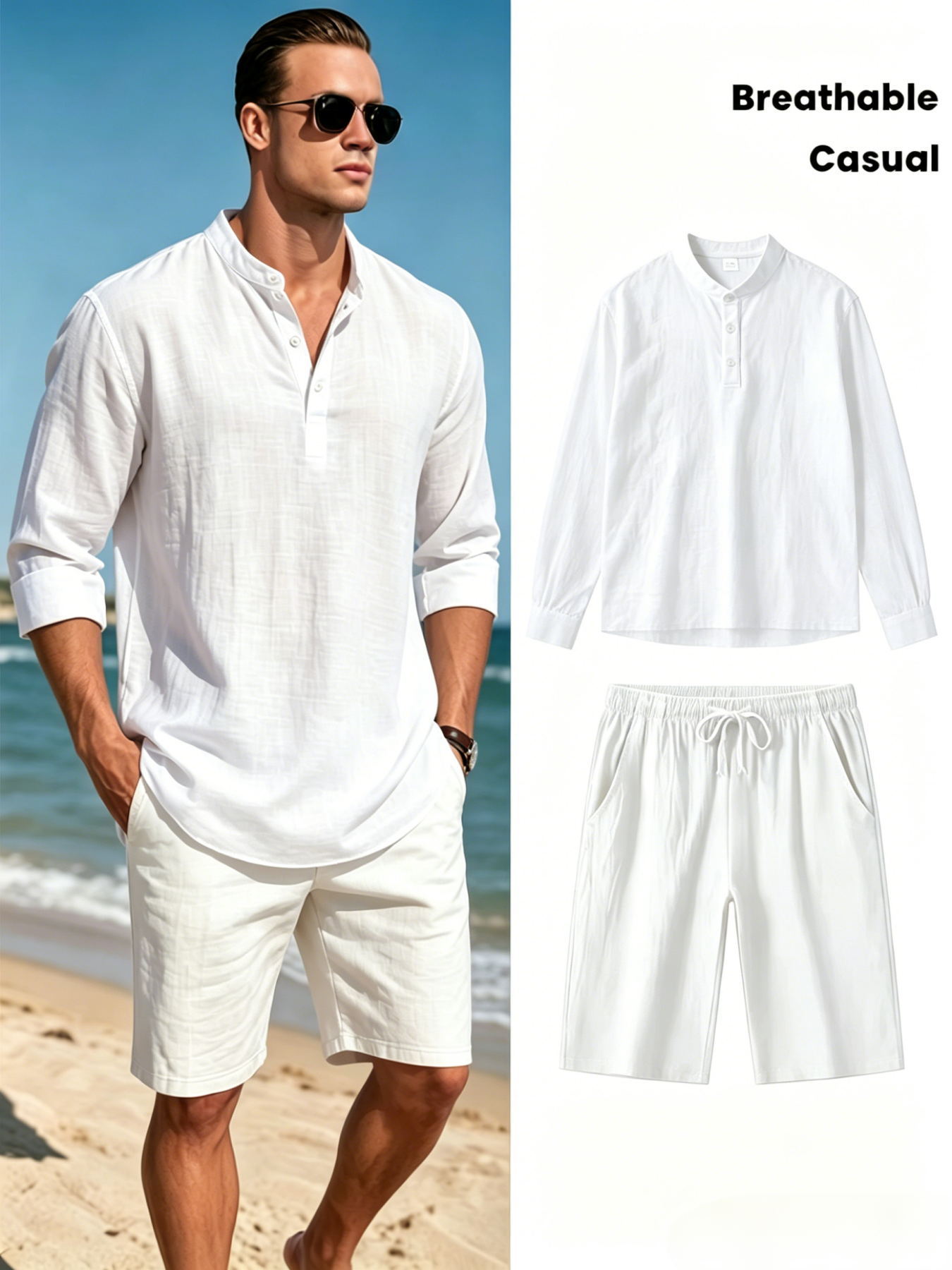 ชุดเสื้อเชิ้ตแขนสั้นคอเฮนลีย์ผ - Linen Shirt Breathable บทวิจารณ์และราคา