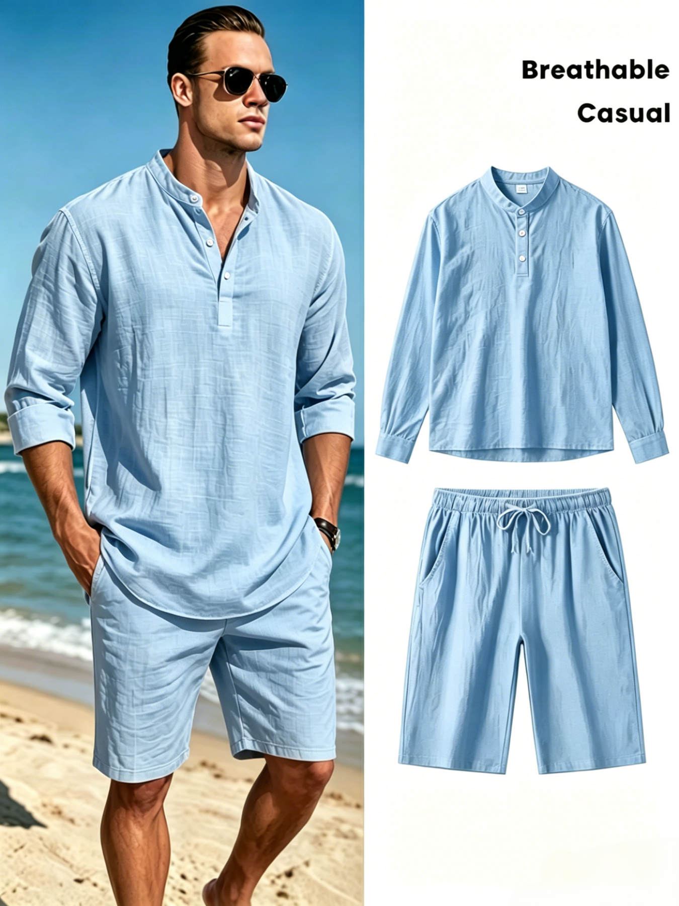 ชุดเสื้อเชิ้ตแขนสั้นคอเฮนลีย์ผ - Linen Shirt Breathable บทวิจารณ์และราคา