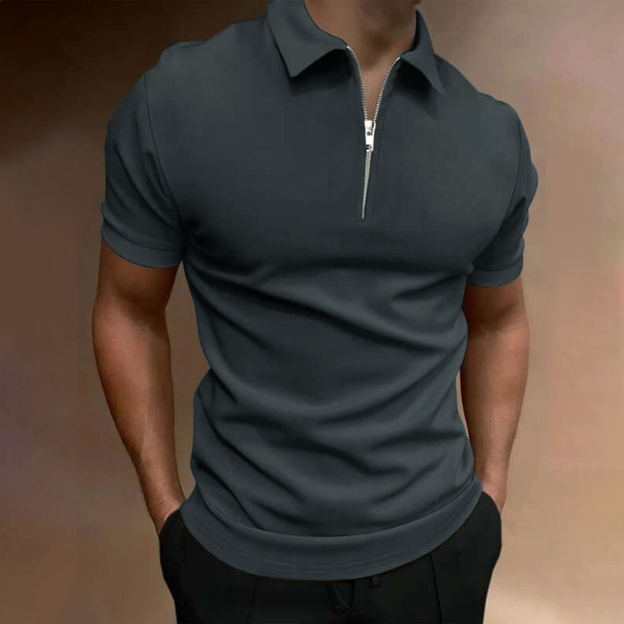 ฤดูร้อนผู้ชายสีทึบเสื้อโปโลแขน - Polo Shirt Pique บทวิจารณ์และราคา
