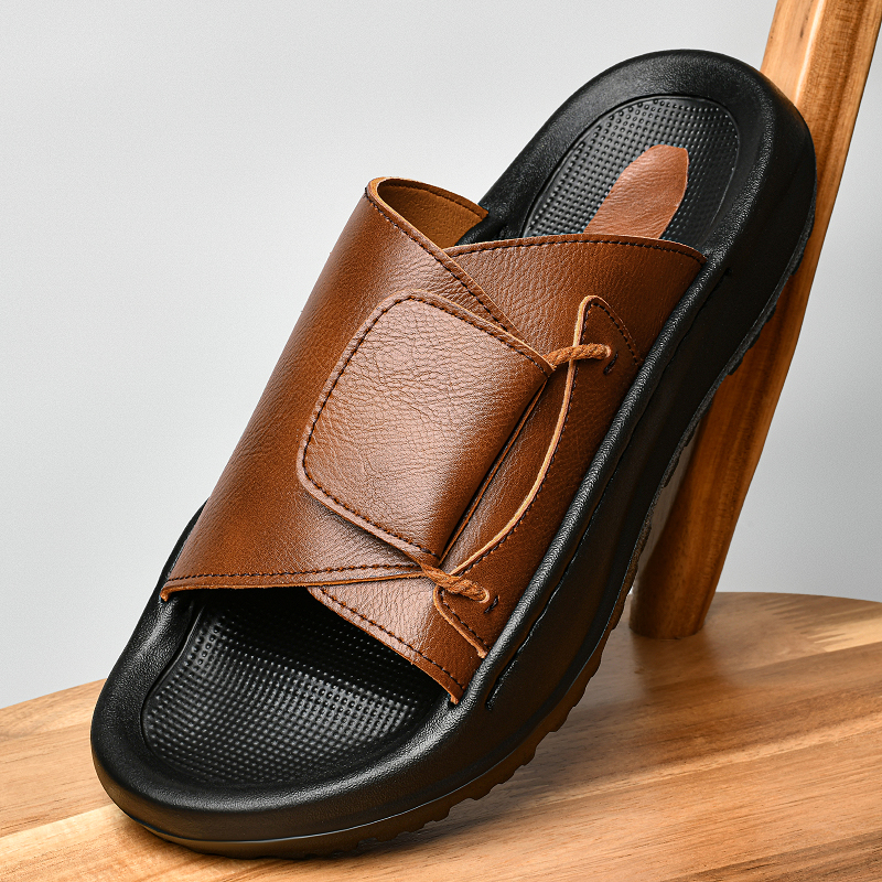 รองเท้าแตะหนังผู้ชายแบบสวมลำลอ - Flip Flop Leather Men บทวิจารณ์และราคา