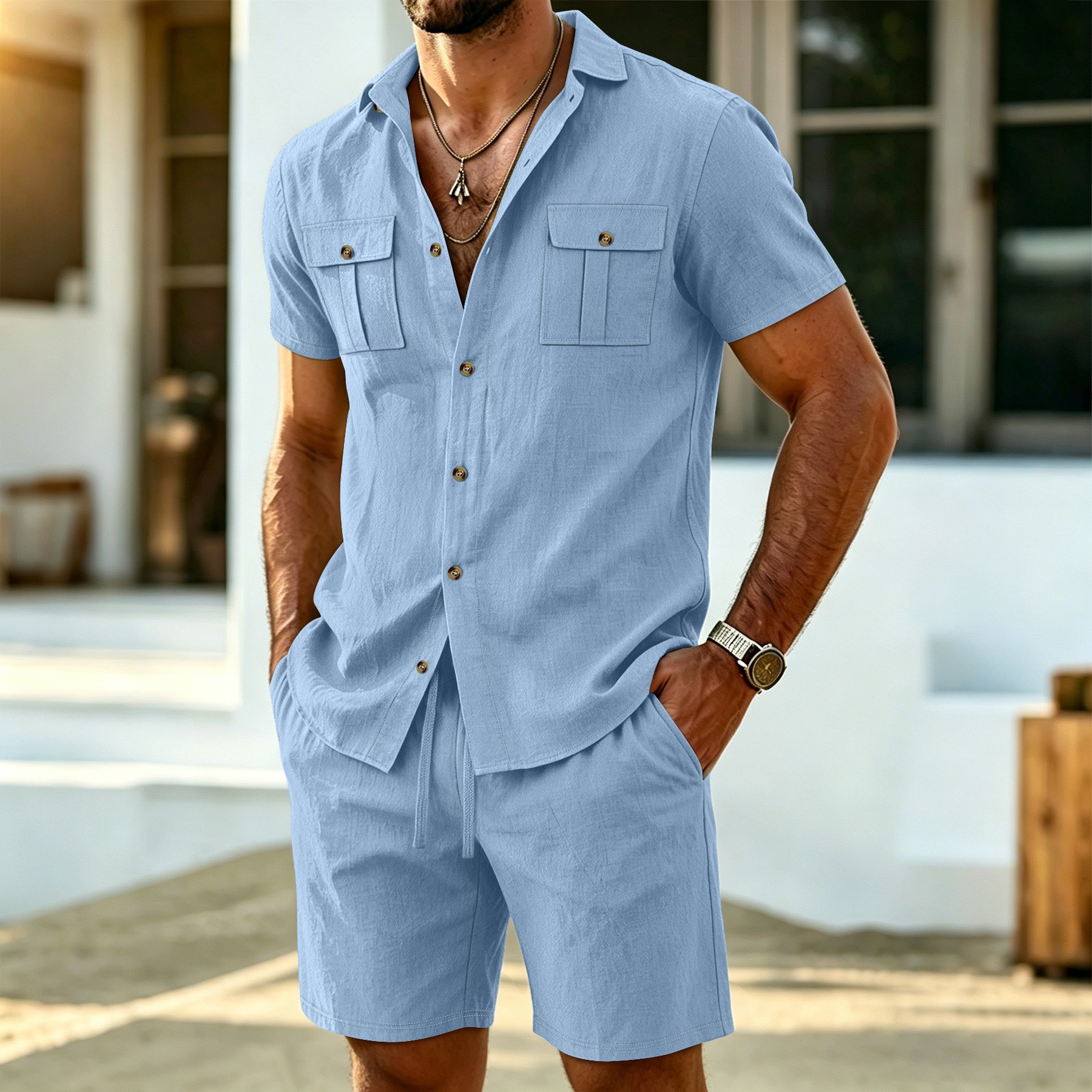 แฟชั่นฤดูร้อนผู้ชายผ้าลินินเสื - Short Linen Drawstring บทวิจารณ์และราคา