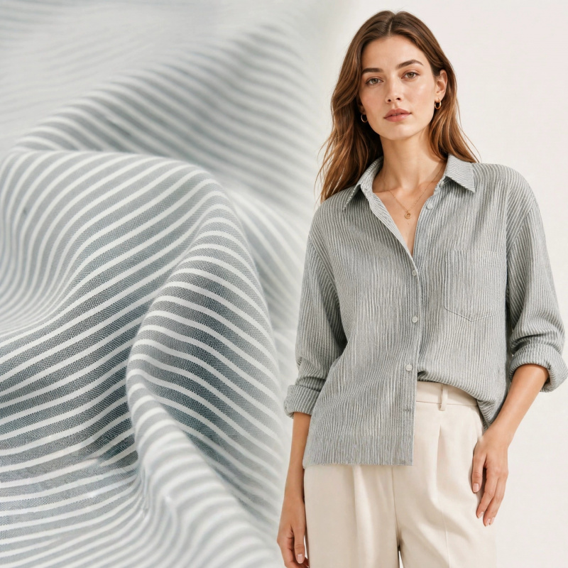 ผ้าฝ้ายผสมลินินลายทางสีเทา-ขาว - Linen Shirt Breathable บทวิจารณ์และราคา