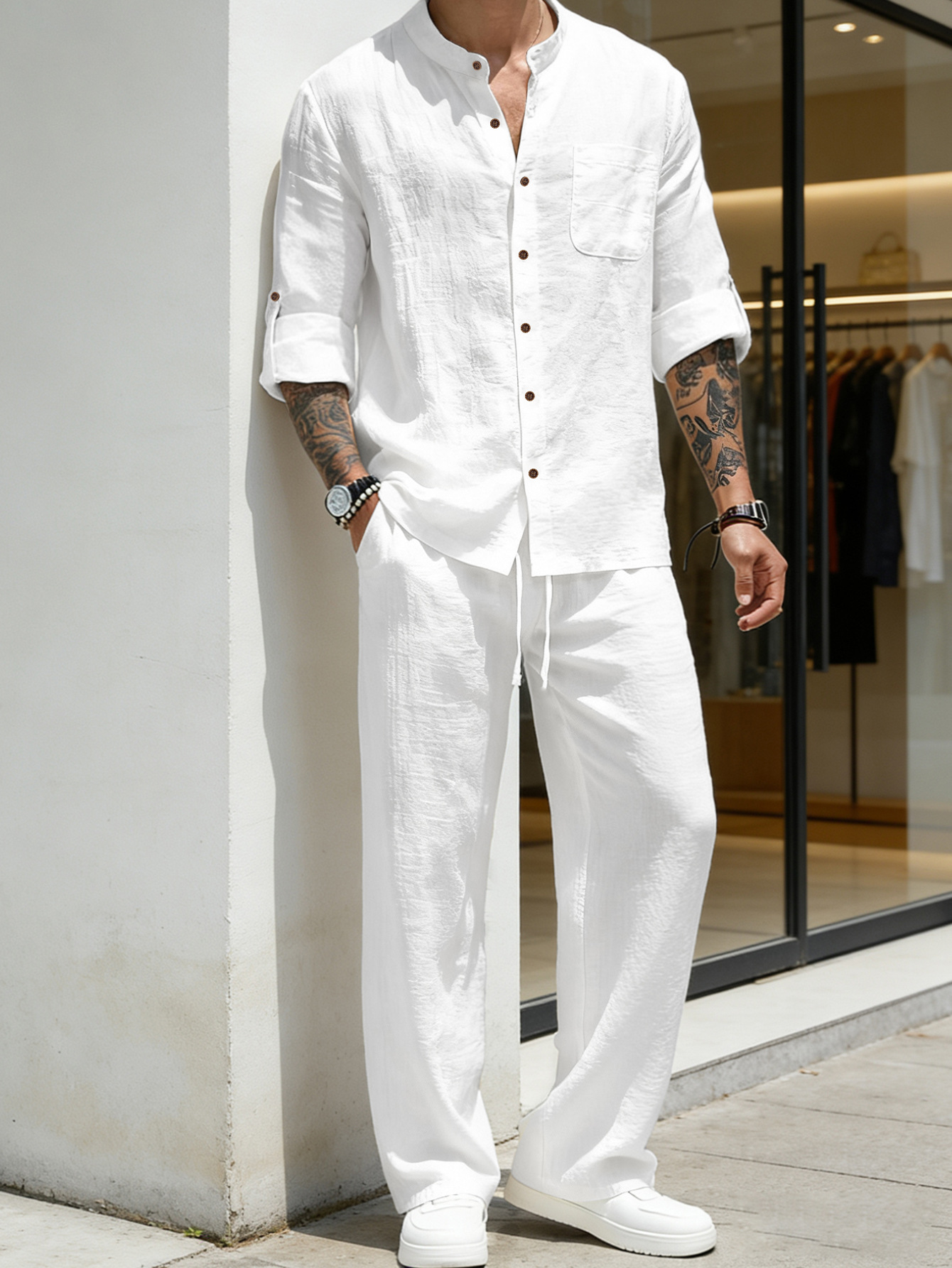ชุดสูทผ้าลินินหลวมๆ เสื้อแขนยา - Linen Shirt Breathable บทวิจารณ์และราคา