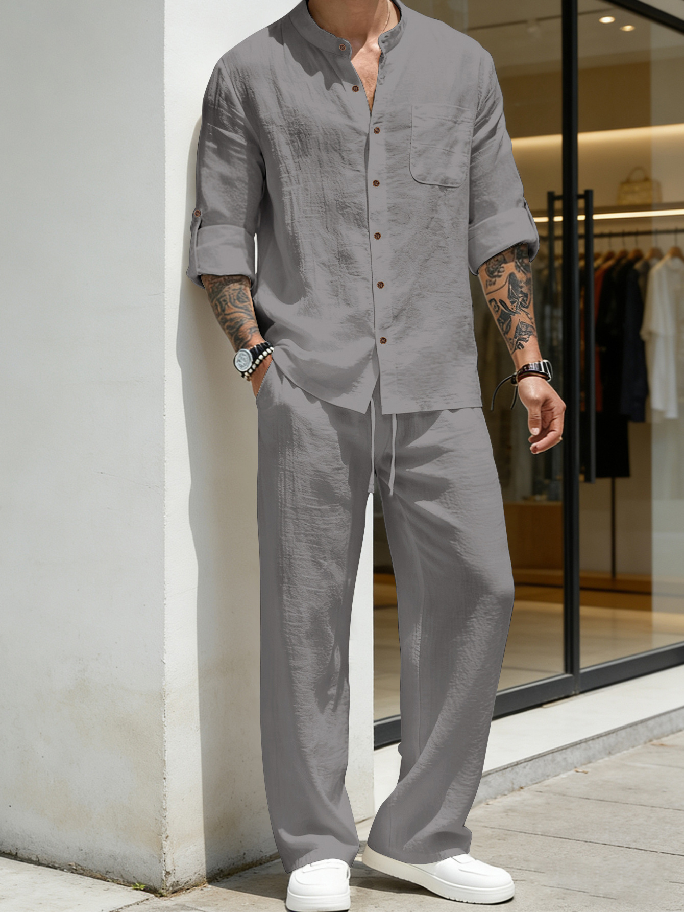 ชุดสูทผ้าลินินหลวมๆ เสื้อแขนยา - Linen Shirt Breathable บทวิจารณ์และราคา