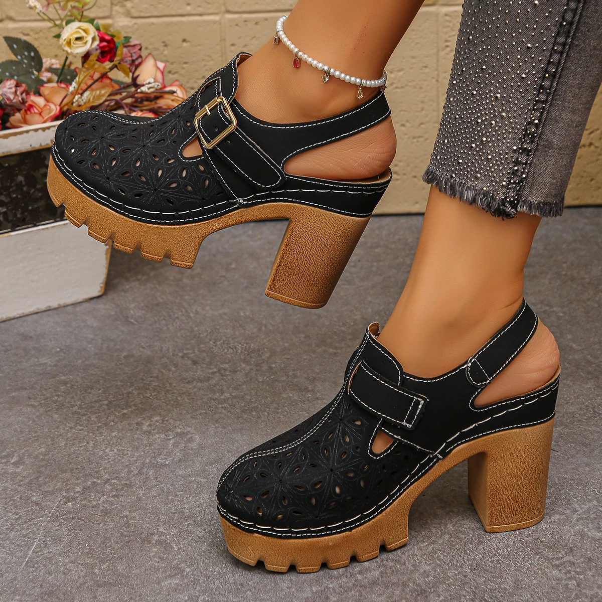 รองเท้าแตะส้นหนาสำหรับผู้หญิงไ - Casual Sandal Leather บทวิจารณ์และราคา