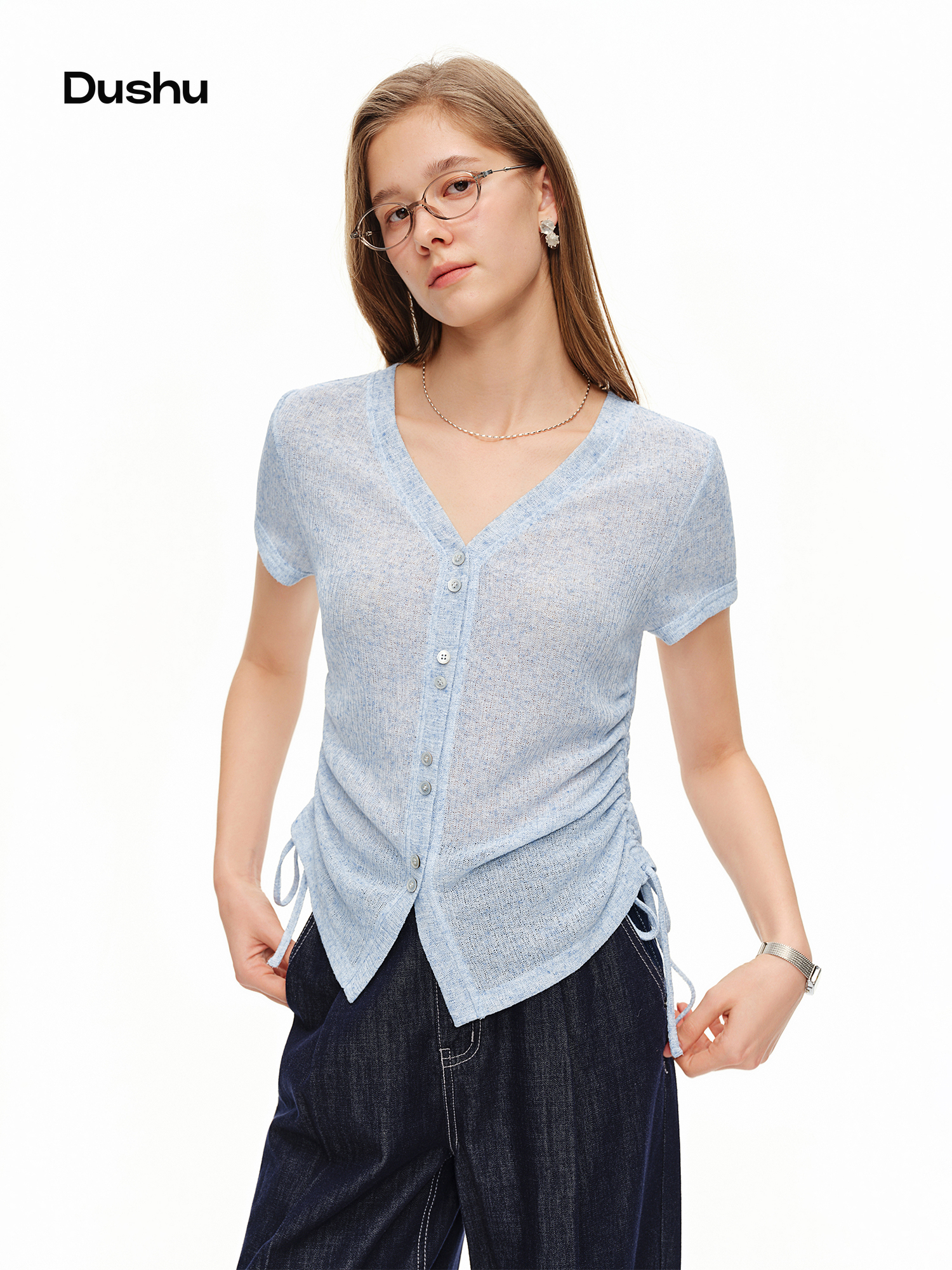 DUSHU เสื้อยืดผ้าลินินคอวีน้ำห - Short Linen Drawstring บทวิจารณ์และราคา
