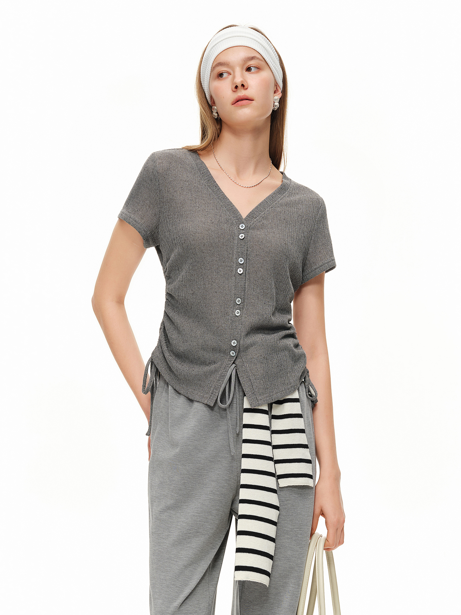 DUSHU เสื้อยืดผ้าลินินคอวีน้ำห - Short Linen Drawstring บทวิจารณ์และราคา