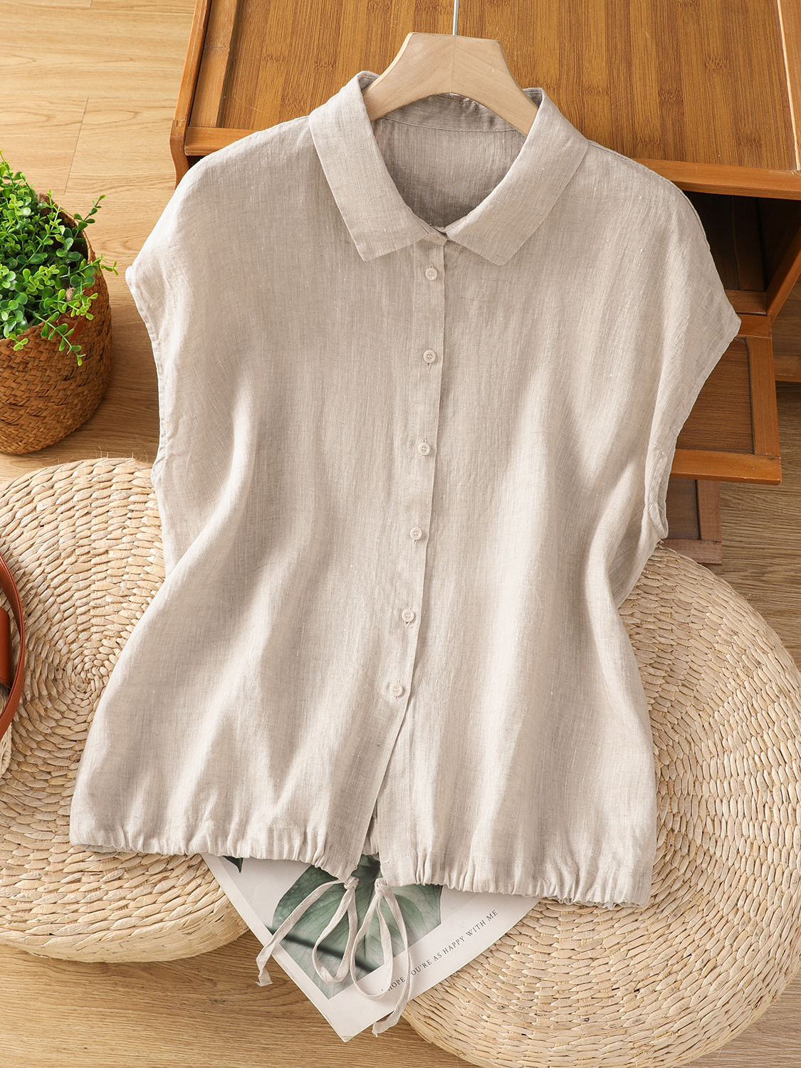 เสื้อเชิ้ตแขนสั้นผ้าฝ้ายลินินล - Short Linen Drawstring บทวิจารณ์และราคา