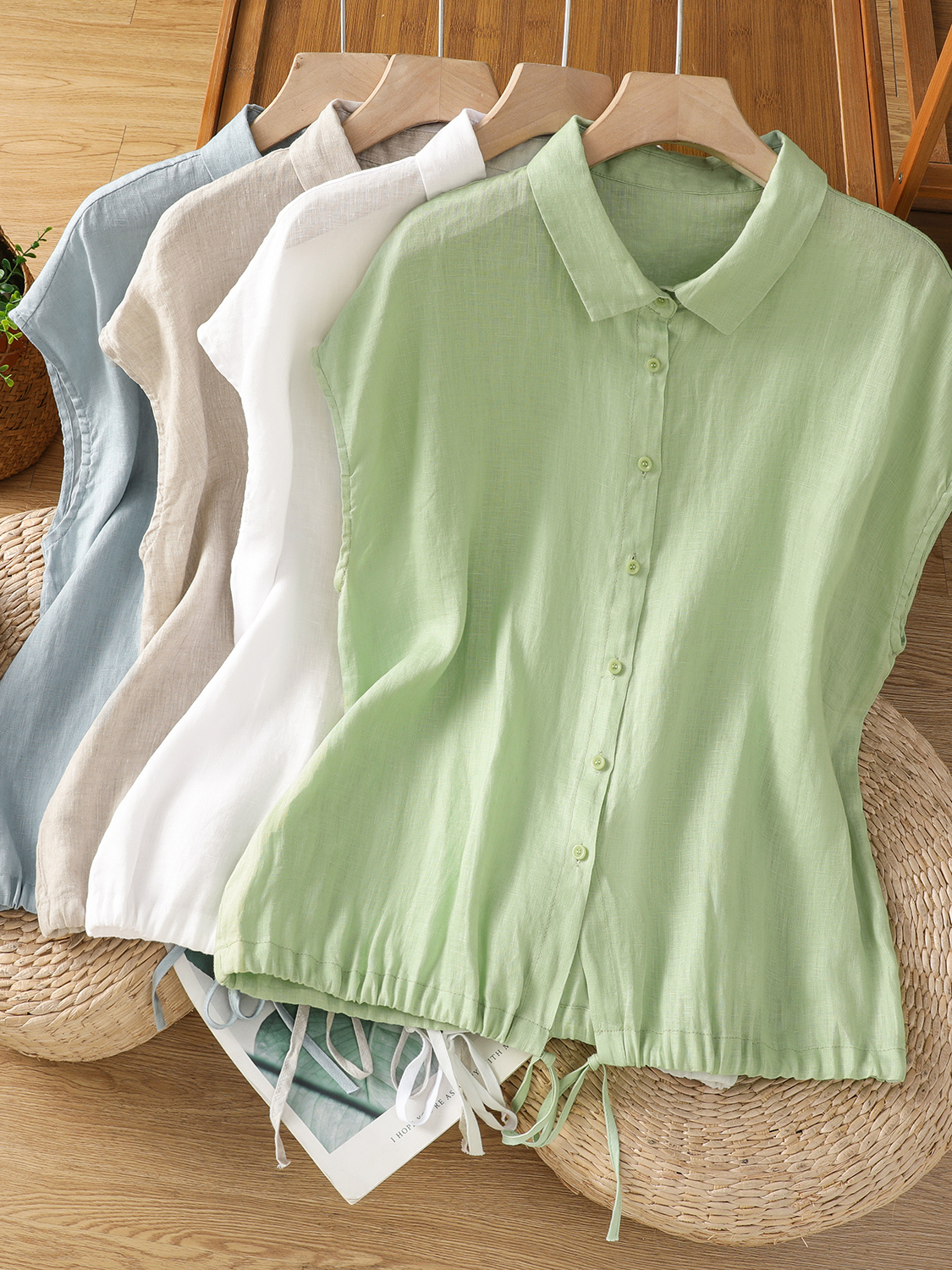 เสื้อเชิ้ตแขนสั้นผ้าฝ้ายลินินล - Short Linen Drawstring บทวิจารณ์และราคา